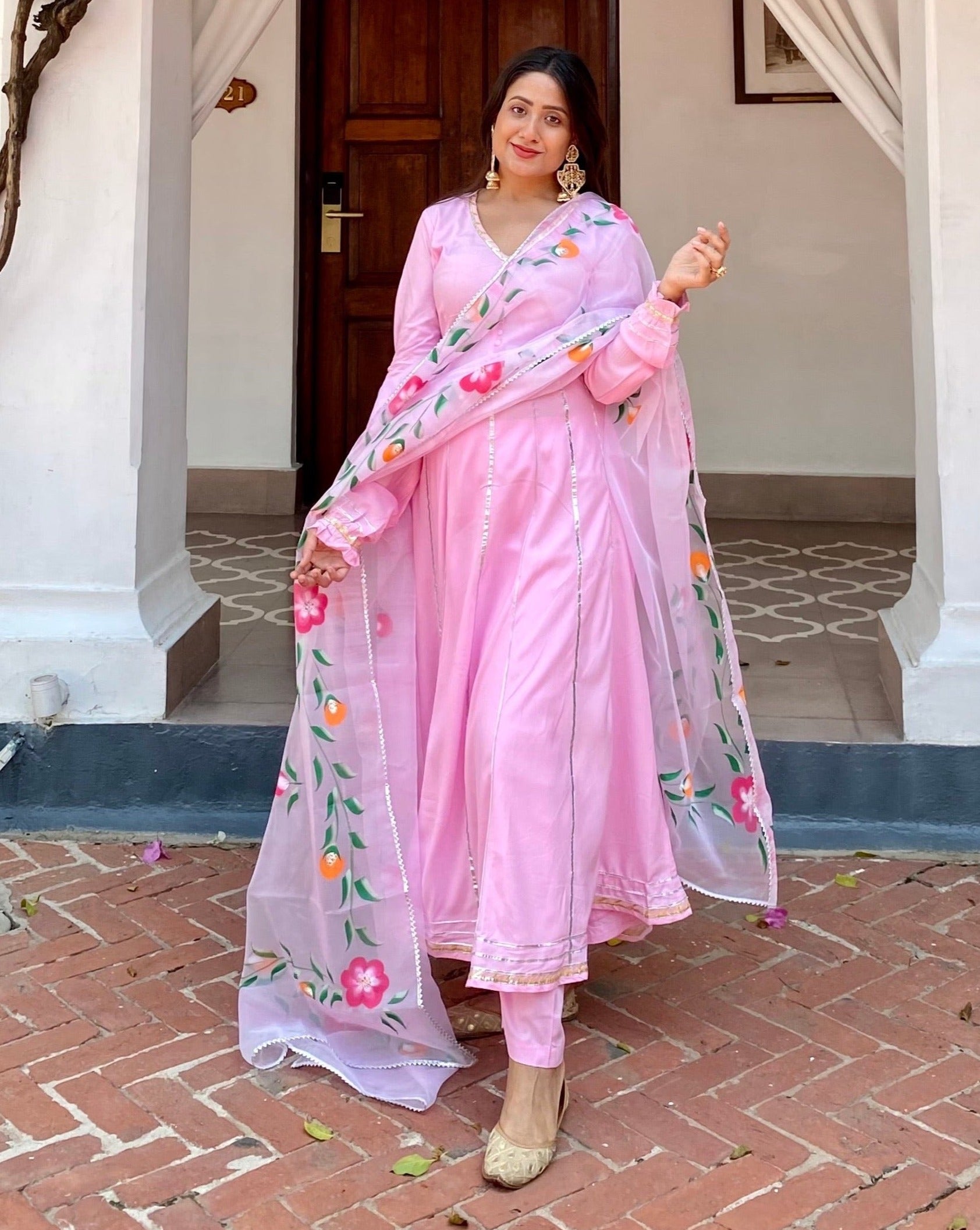 Uma Pink Gotta Anarkali Suit Set