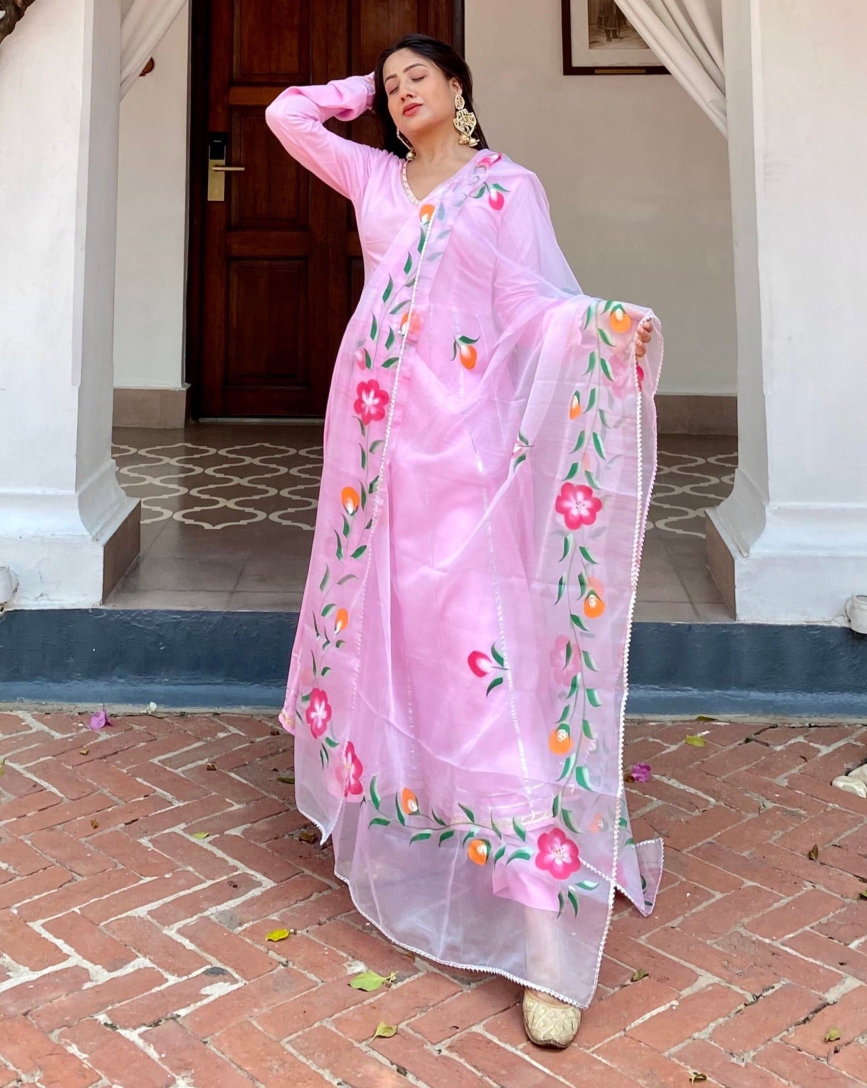 Uma Pink Gotta Anarkali Suit Set