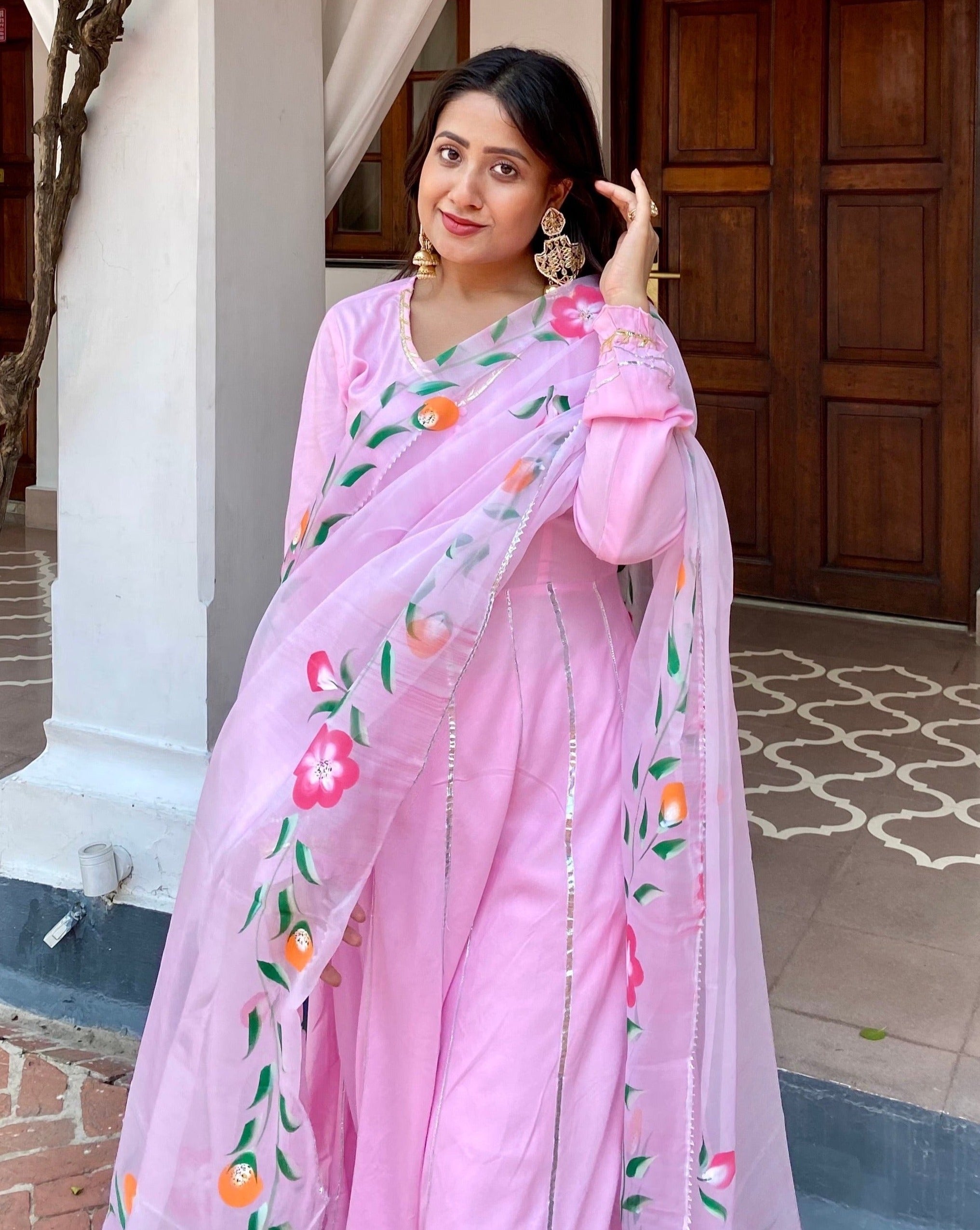 Uma Pink Gotta Anarkali Suit Set