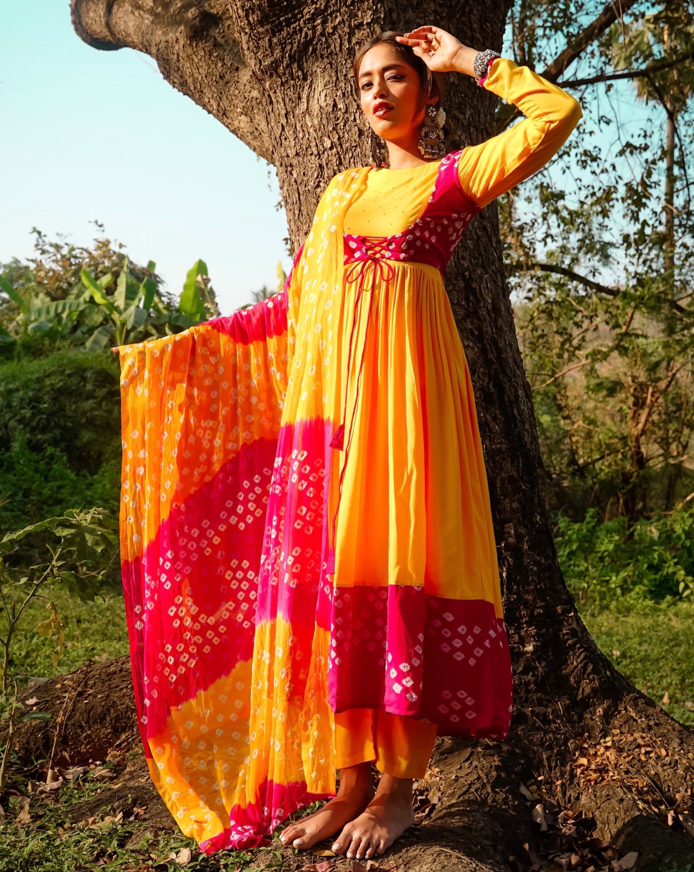 Rani Yellow Bandhej Suit Set