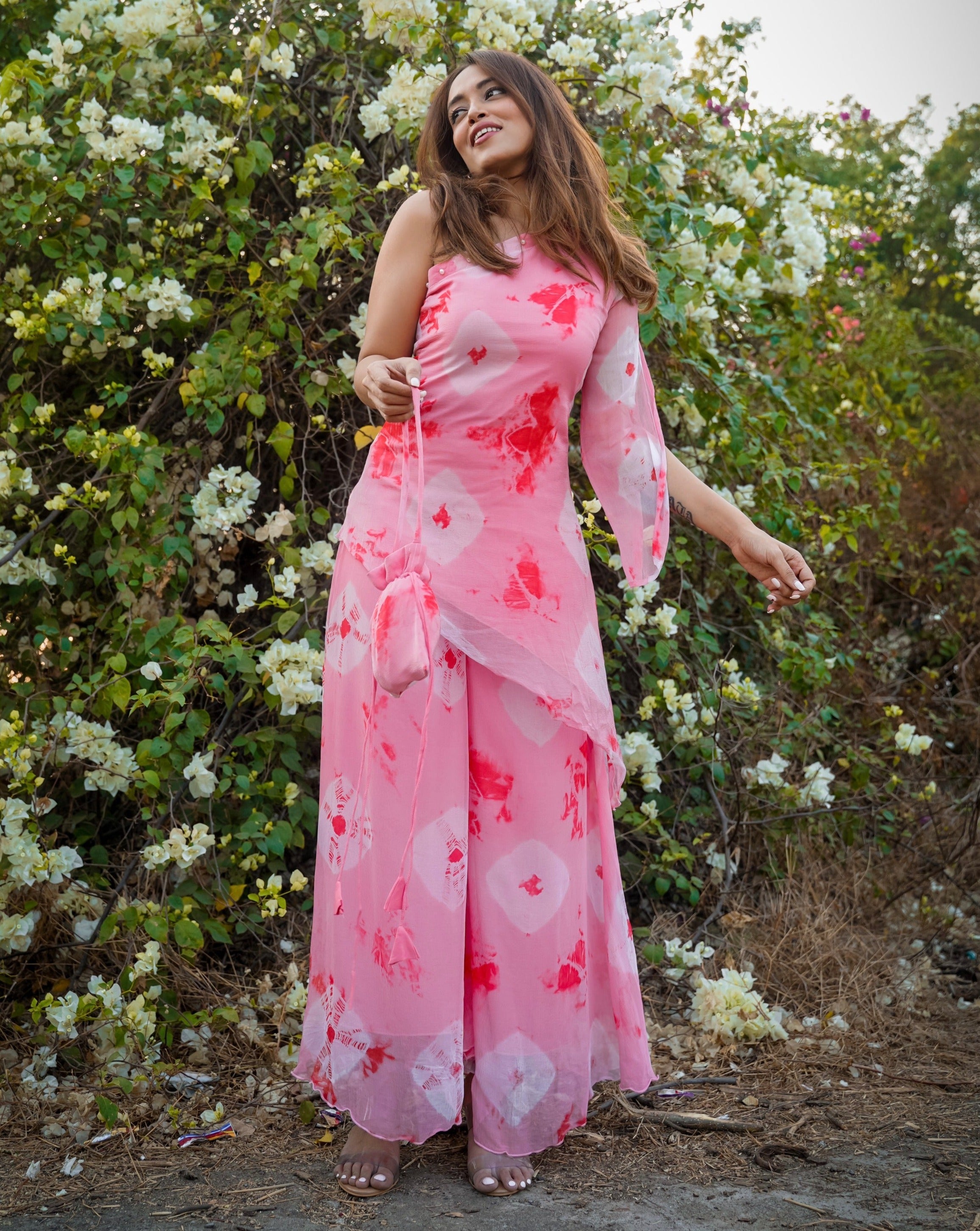 Embellished Peach Pink One shoulder Kurta Set