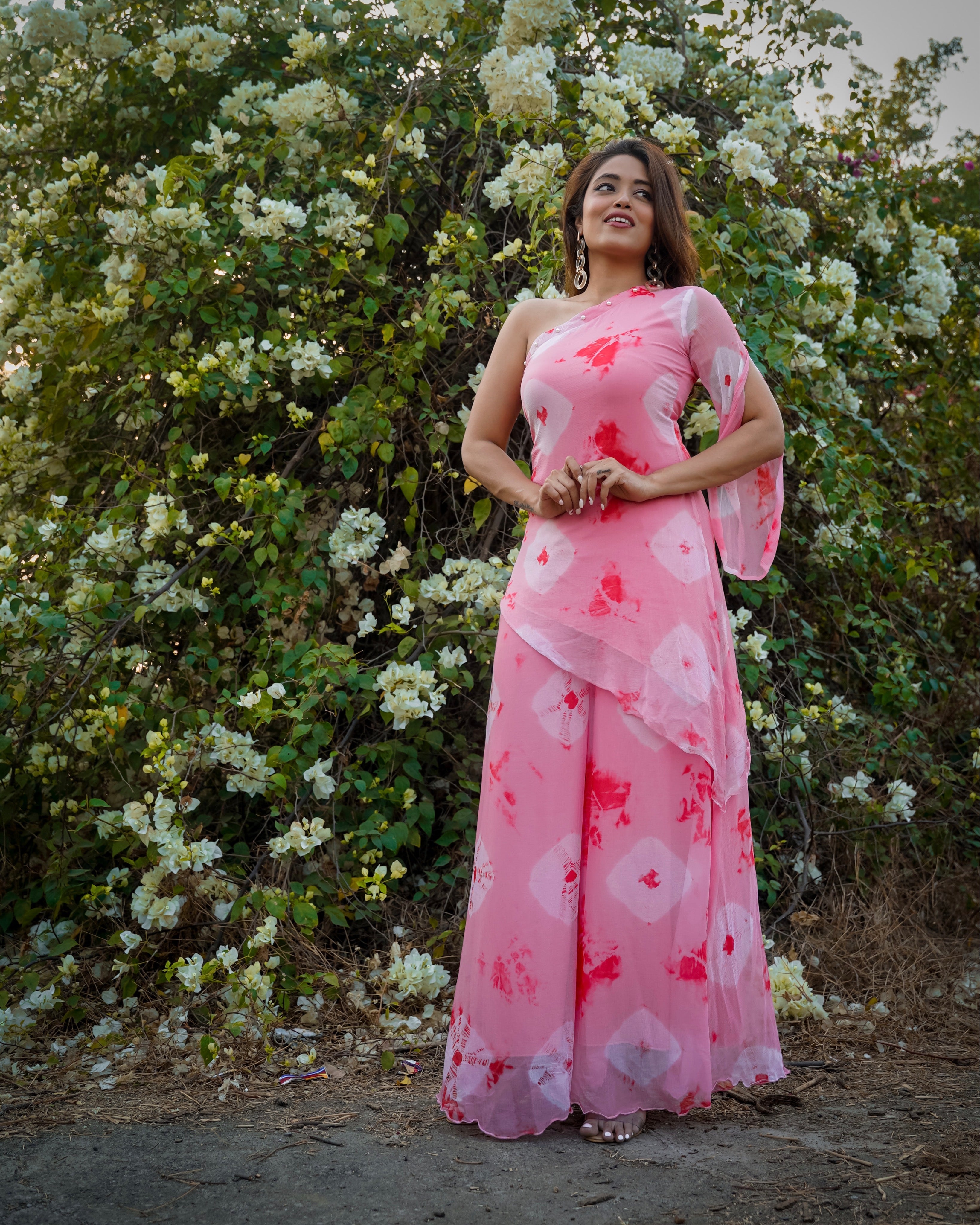 Embellished Peach Pink One shoulder Kurta Set