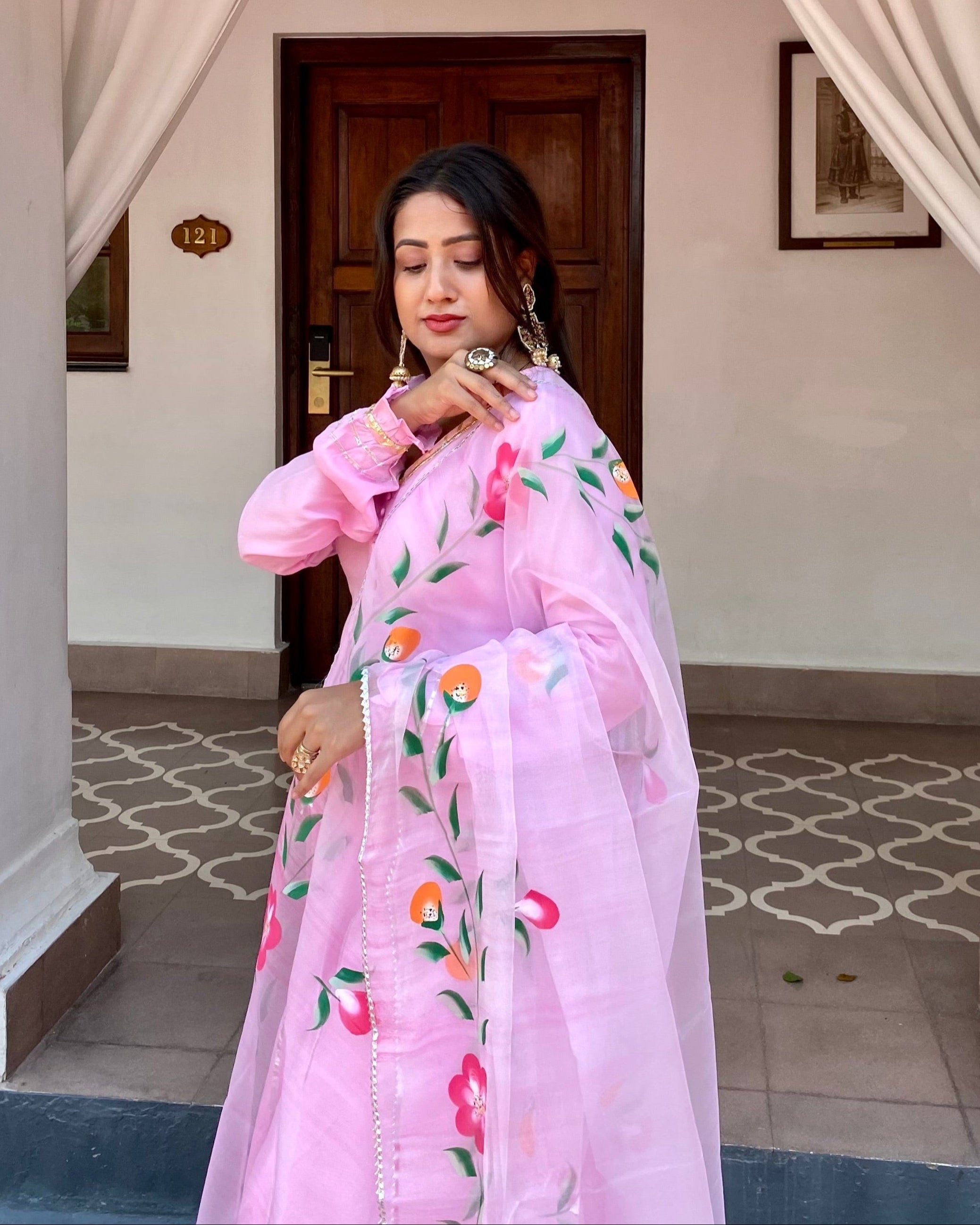 Uma Pink Gotta Anarkali Suit Set