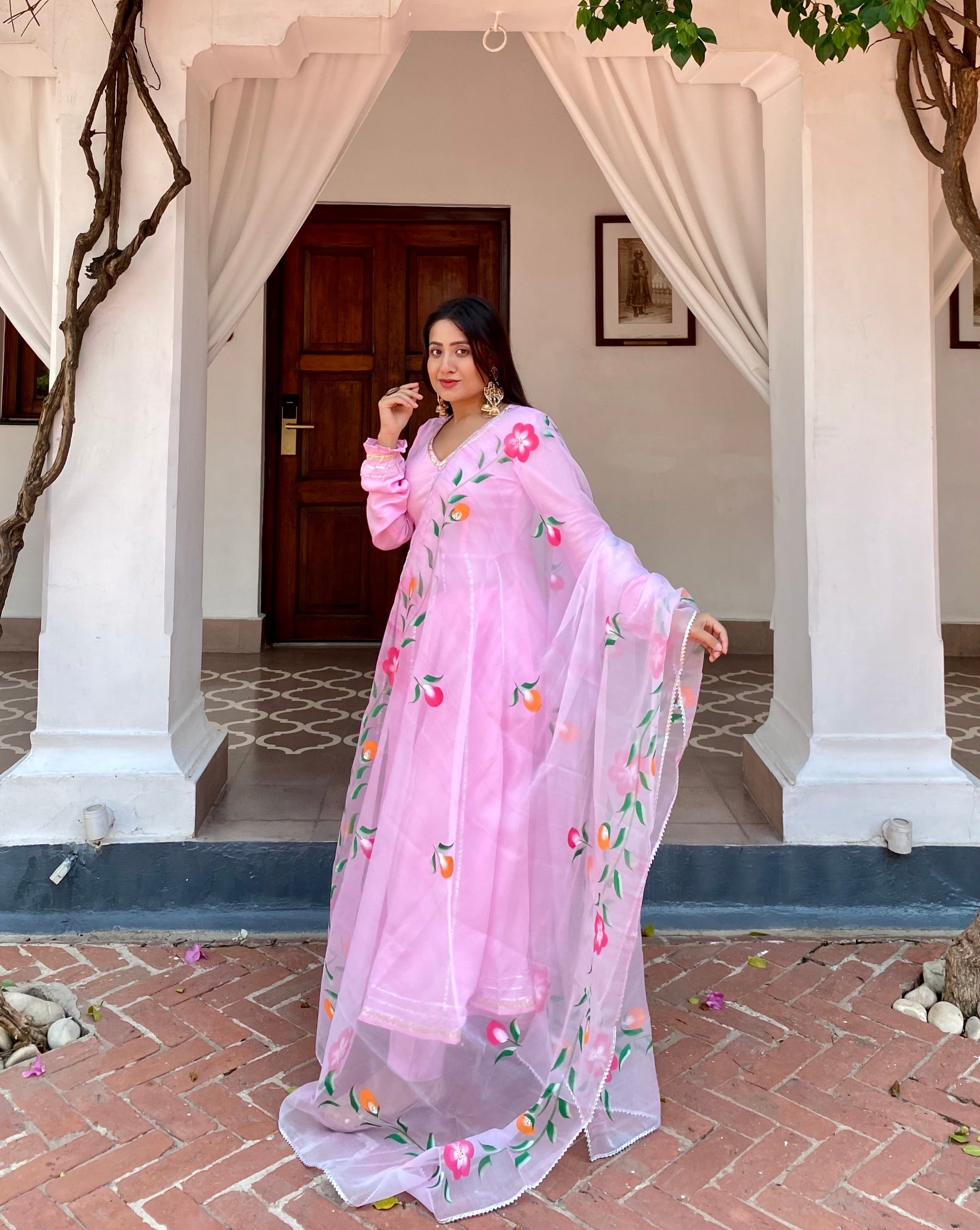 Uma Pink Gotta Anarkali Suit Set