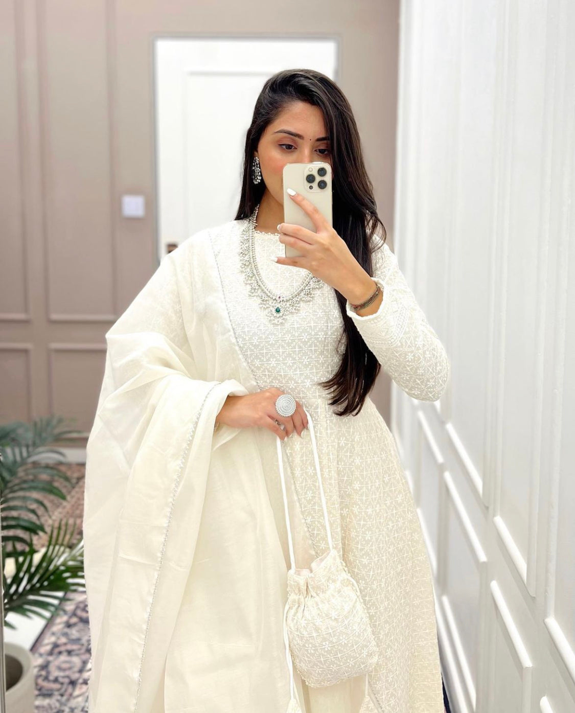 Embellished White Chikankari Suit Set with Potli