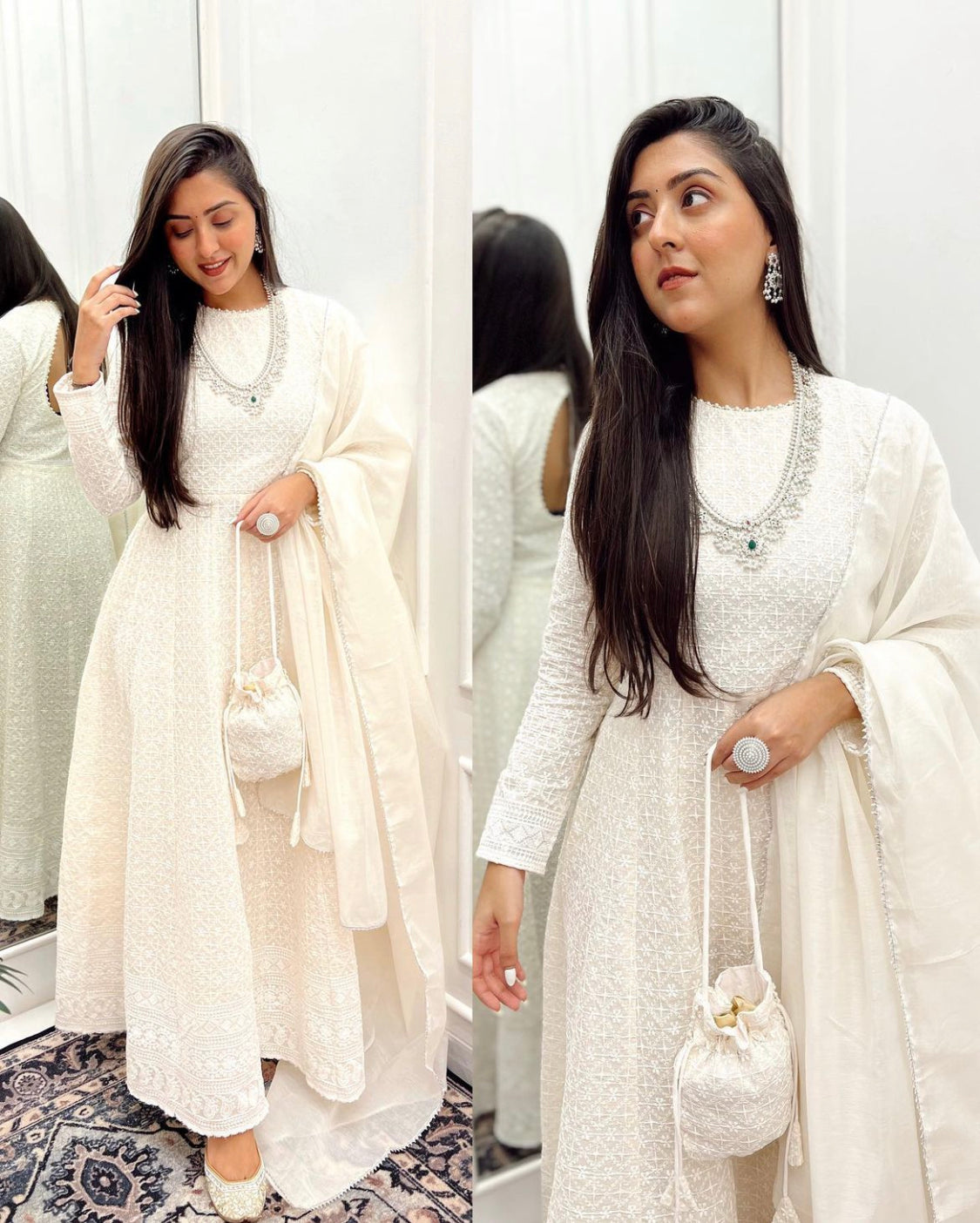 Embellished White Chikankari Suit Set with Potli