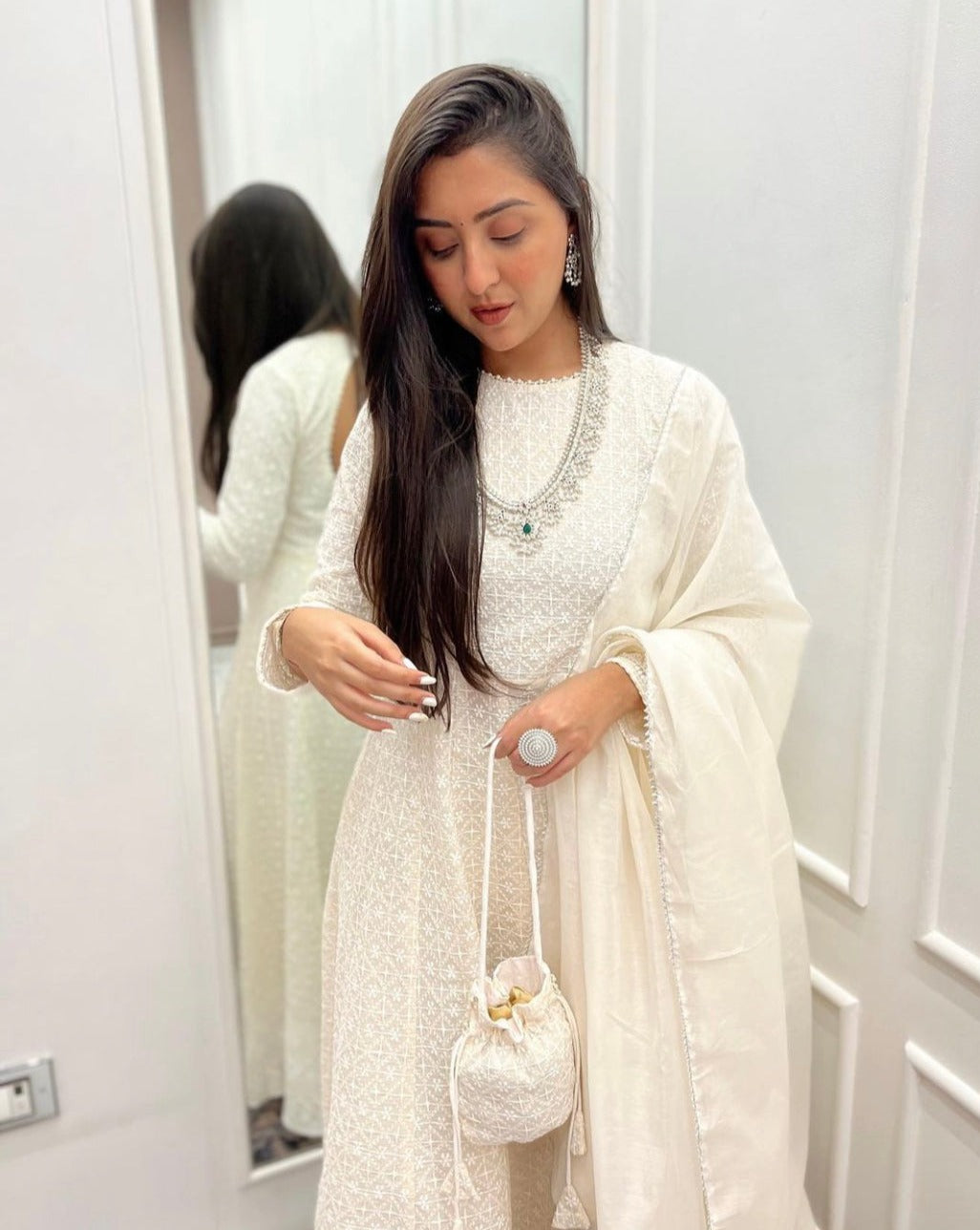 Embellished White Chikankari Suit Set with Potli