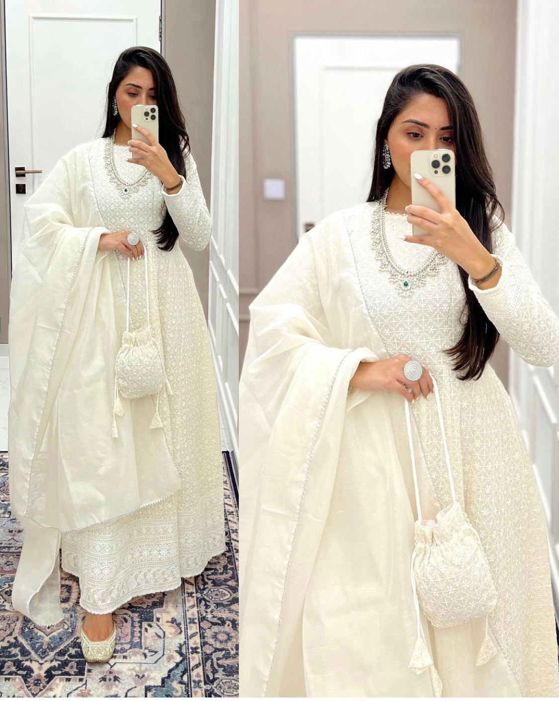 Embellished White Chikankari Suit Set with Potli
