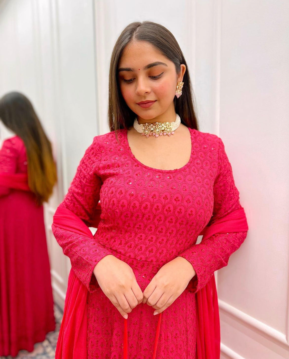 Embellished Pink Chikankari Suit Set With Potli