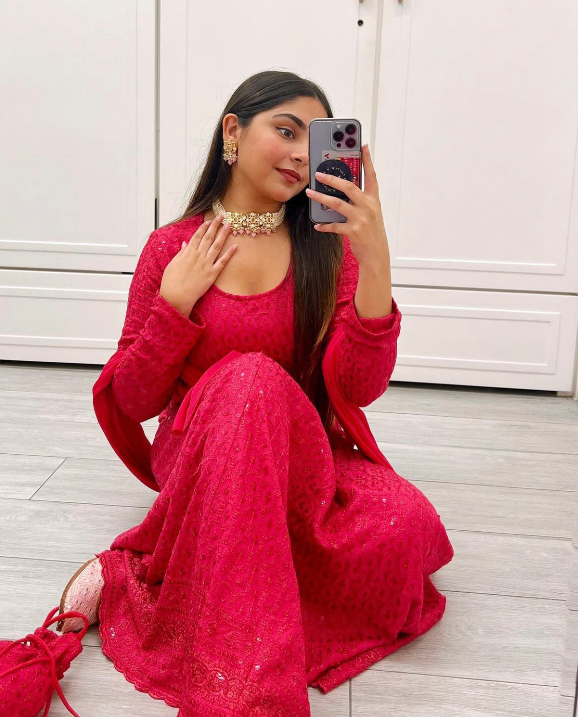 Embellished Pink Chikankari Suit Set With Potli