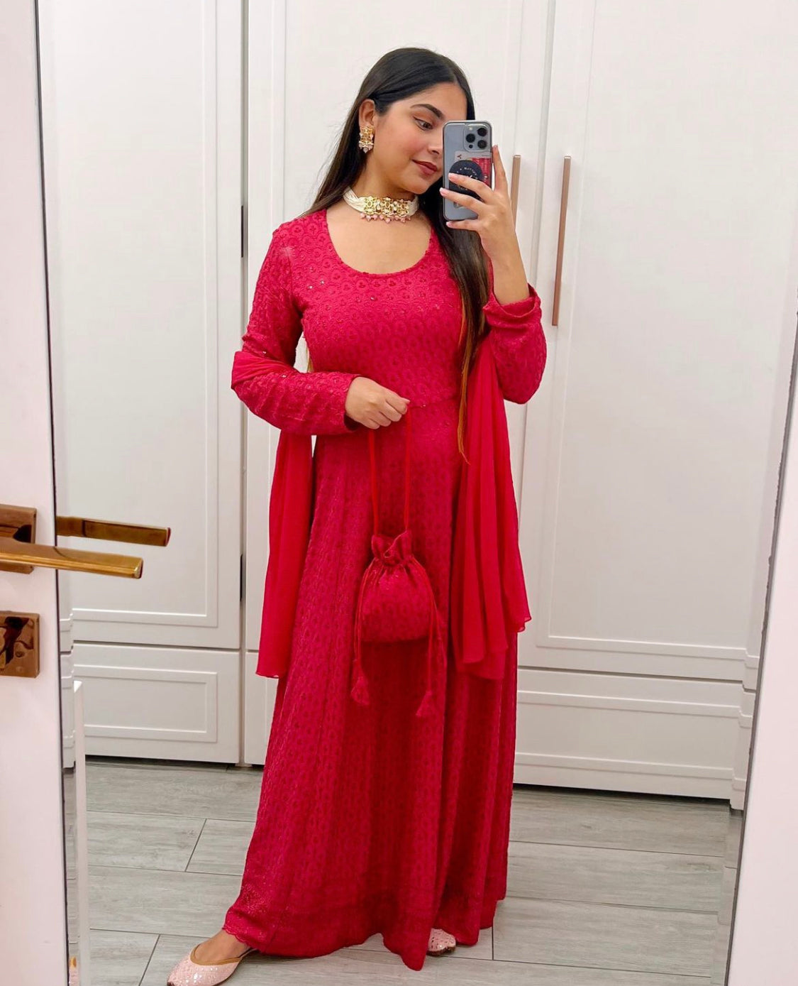 Embellished Pink Chikankari Suit Set With Potli