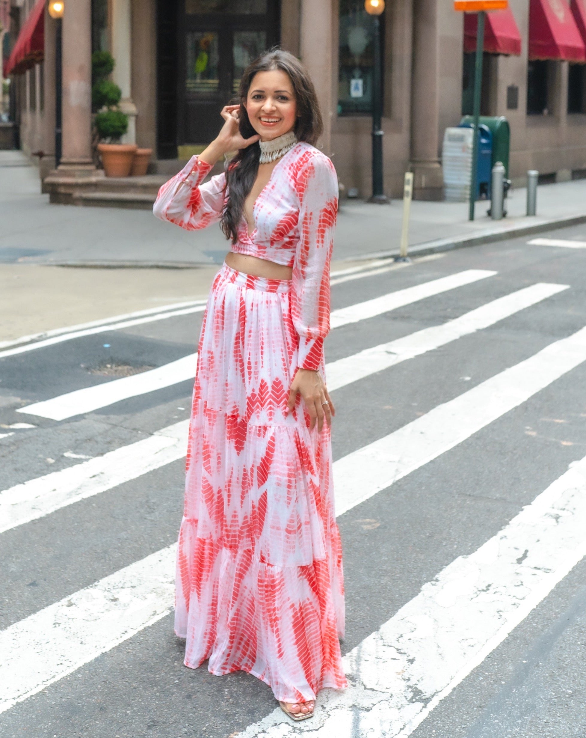 Maya White Orange Crop Top & Skirt