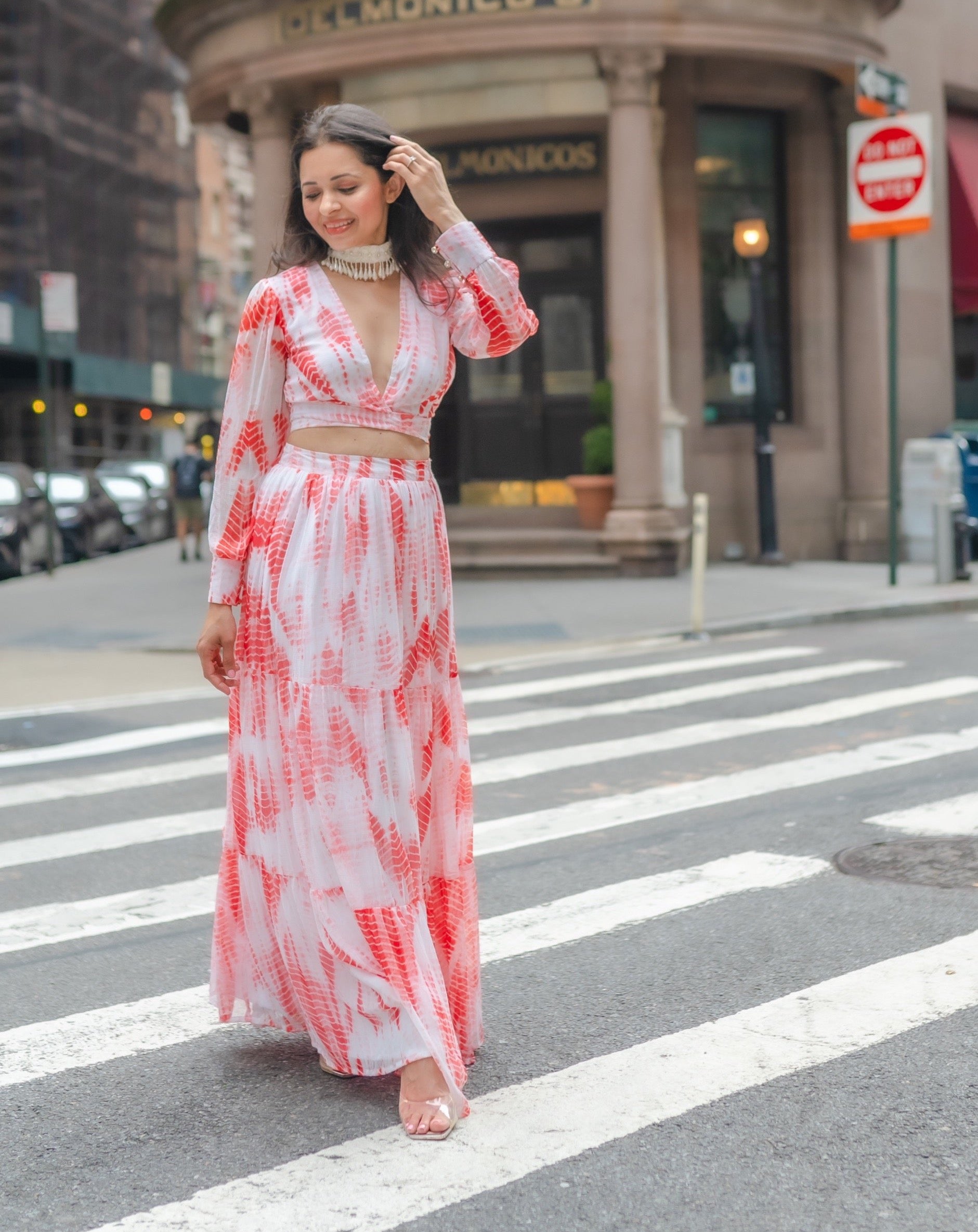 Maya White Orange Crop Top & Skirt