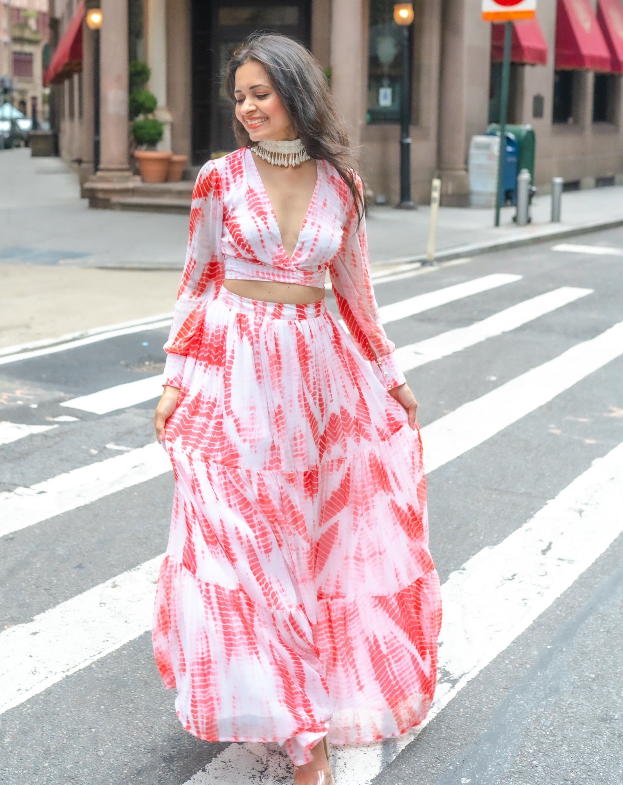 Maya White Orange Crop Top & Skirt
