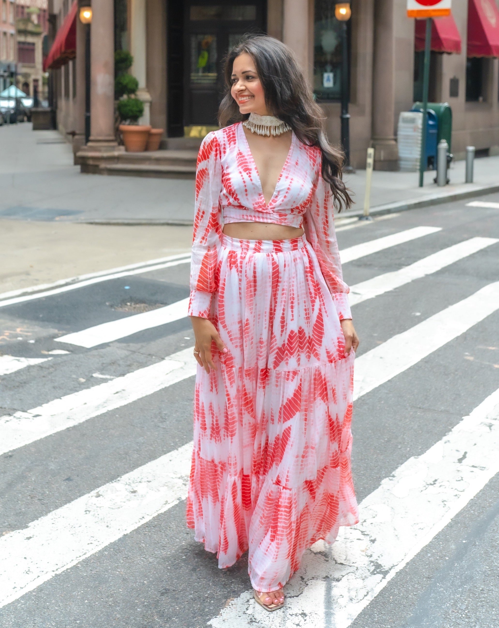 Maya White Orange Crop Top & Skirt