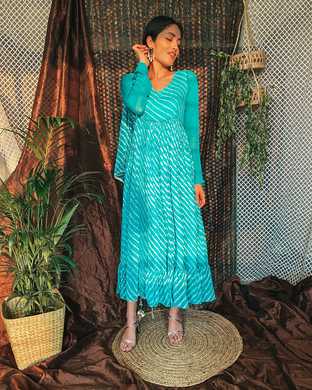 Cadet blue leheriya maxi fusion dress