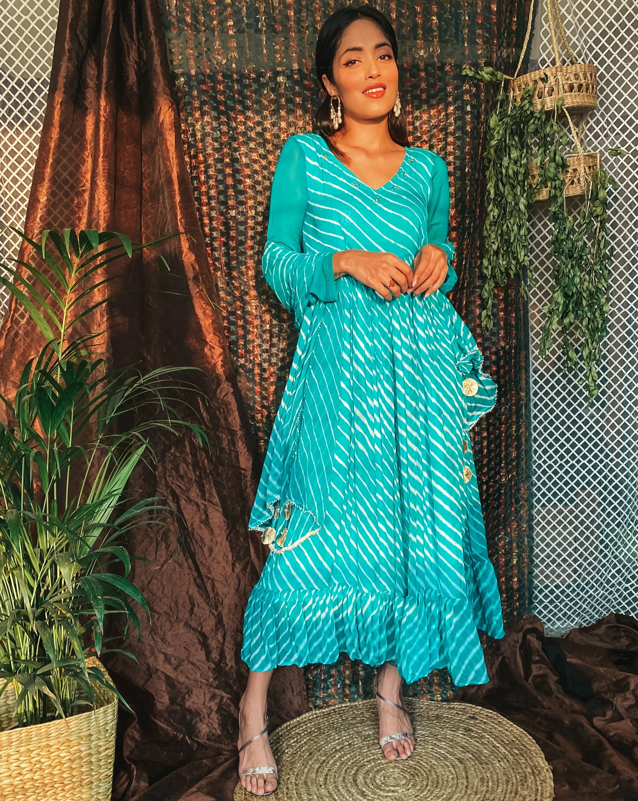 Cadet blue leheriya maxi fusion dress