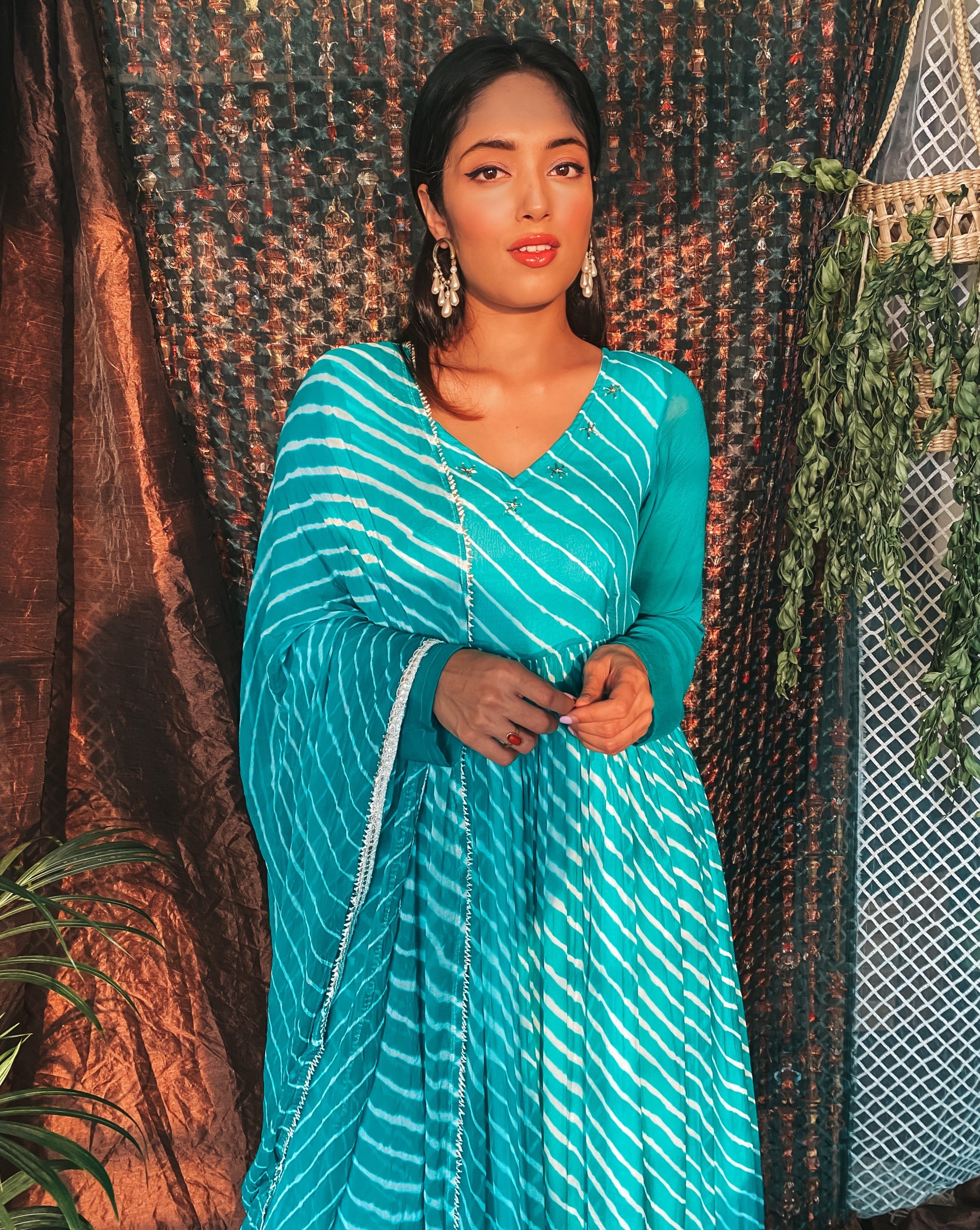 Cadet blue leheriya maxi fusion dress