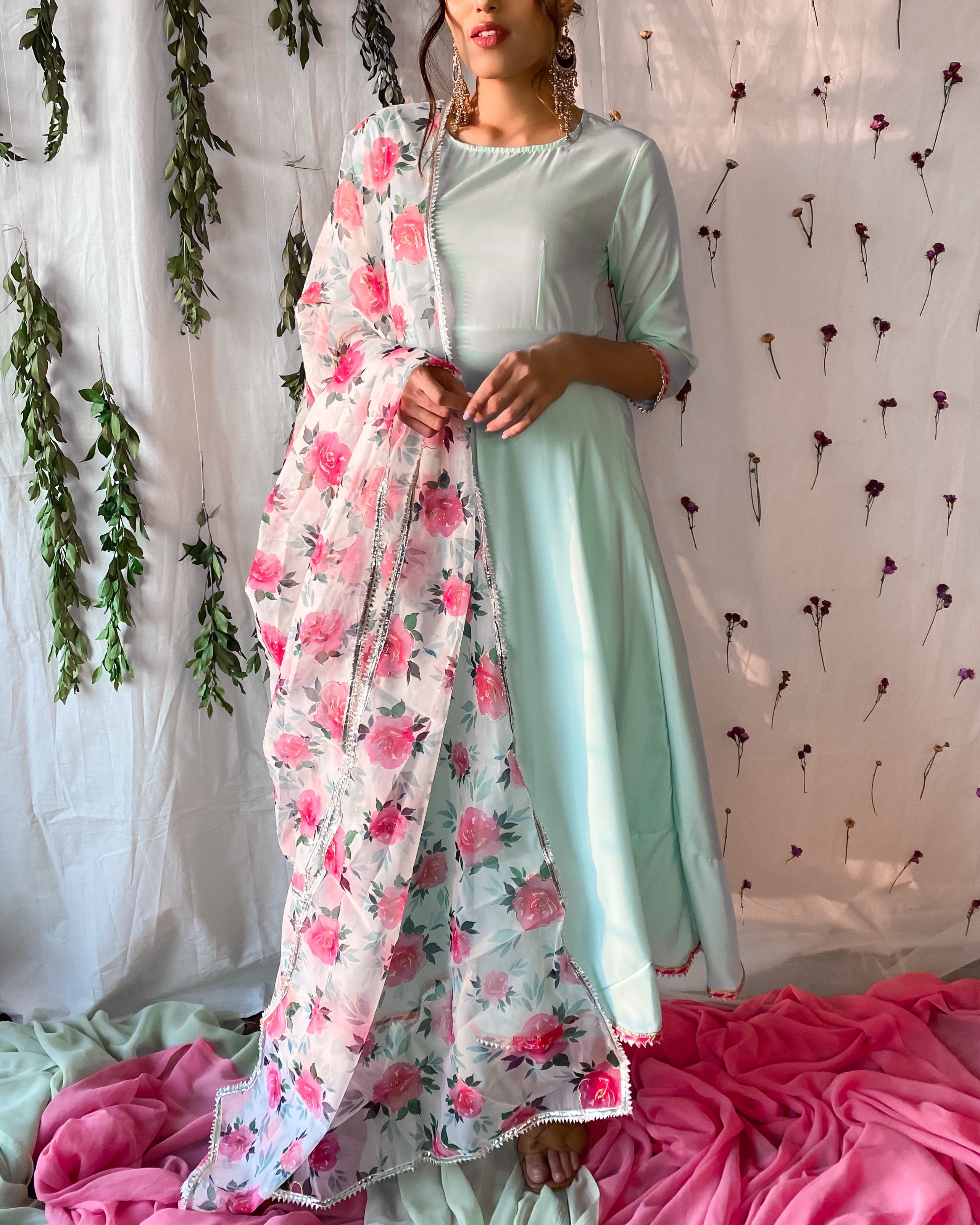 Ocean Blue Suit Set With Floral Dupatta