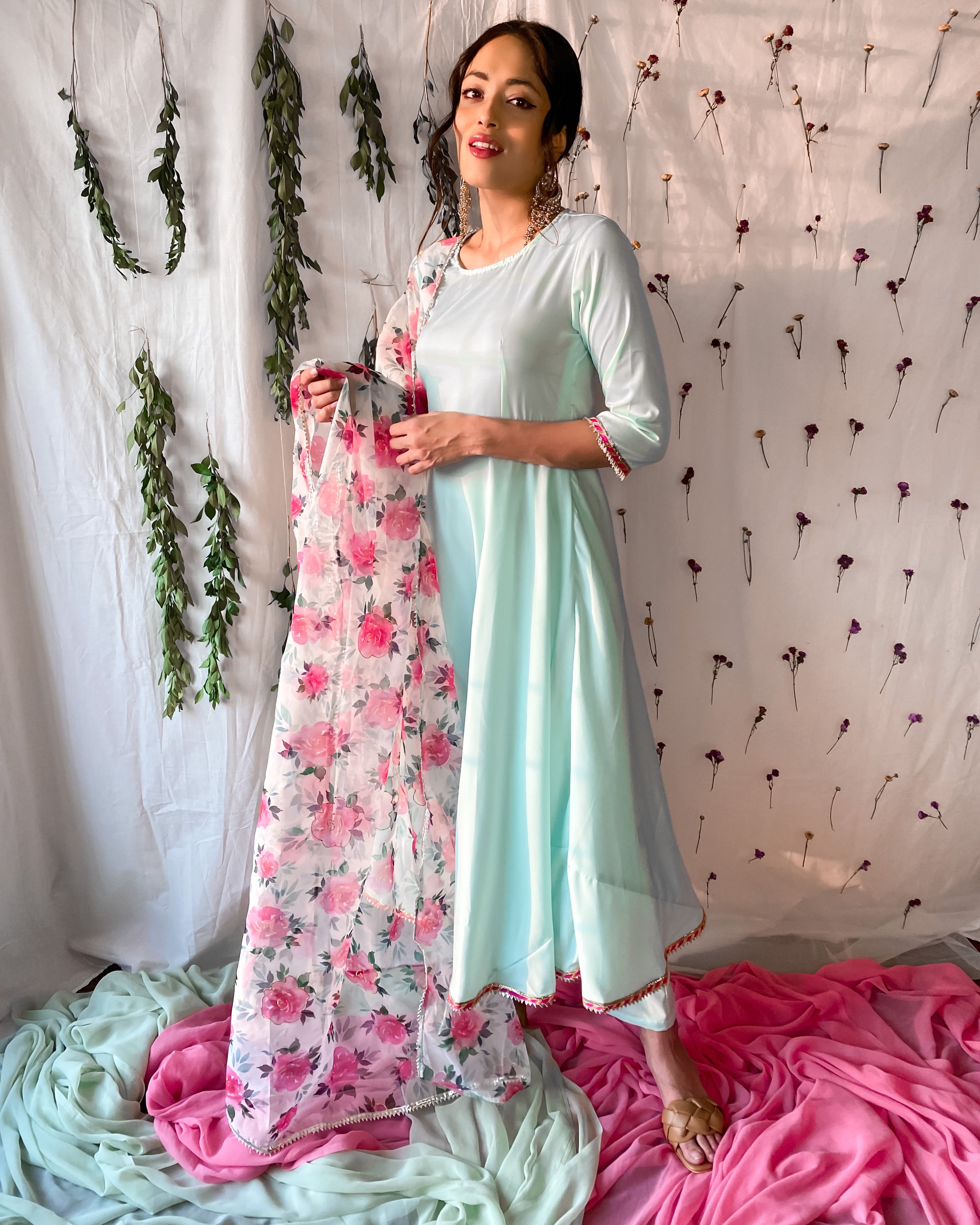 Ocean Blue Suit Set With Floral Dupatta