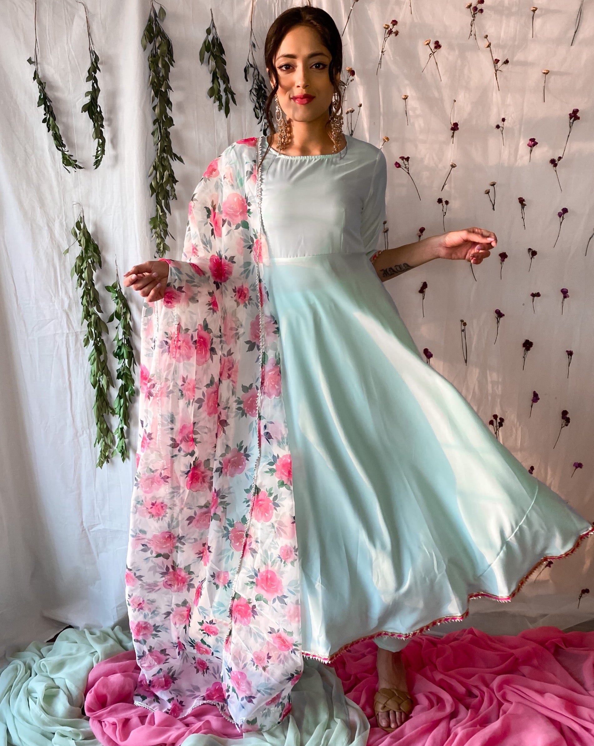 Ocean Blue Suit Set With Floral Dupatta