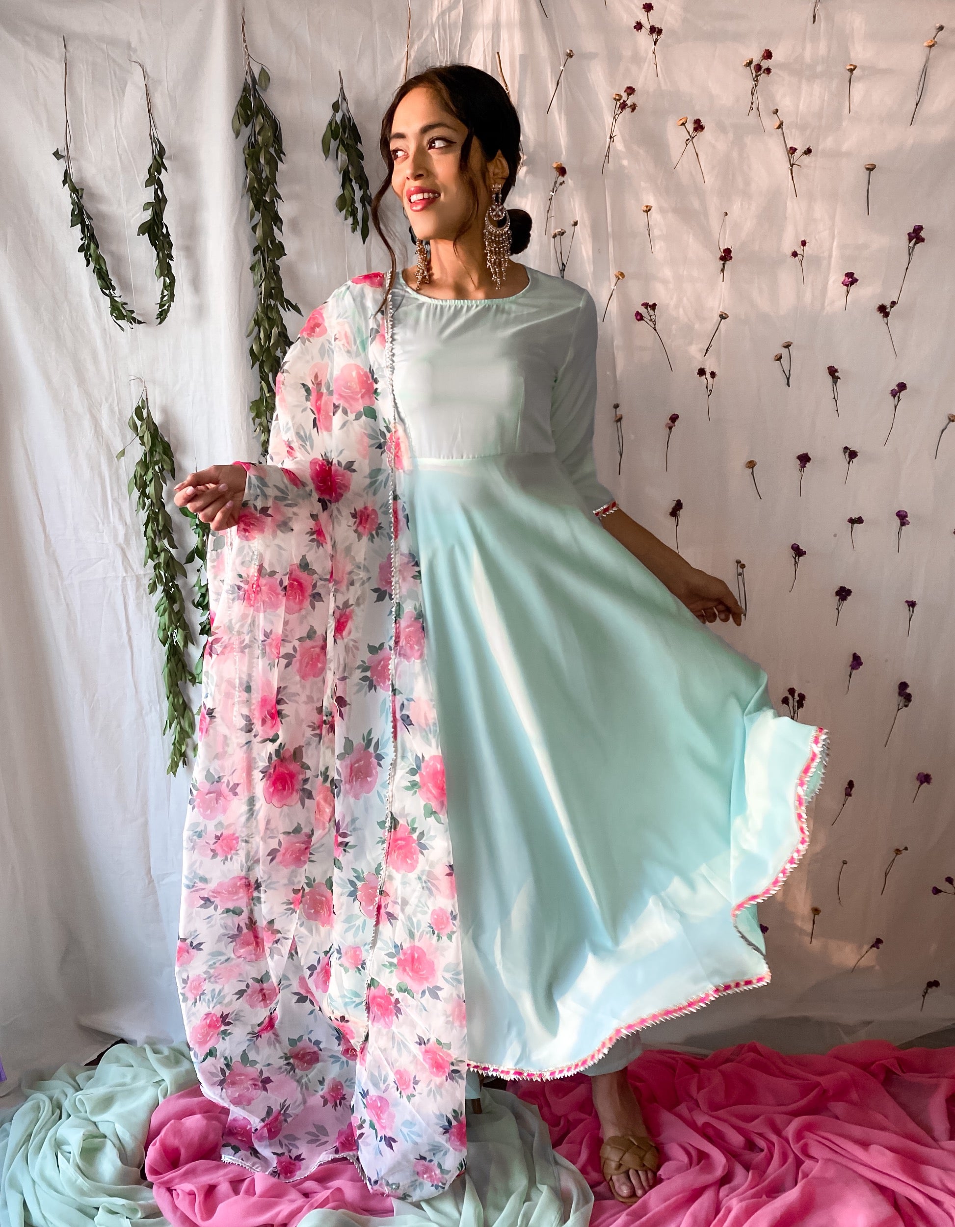 Ocean Blue Suit Set With Floral Dupatta