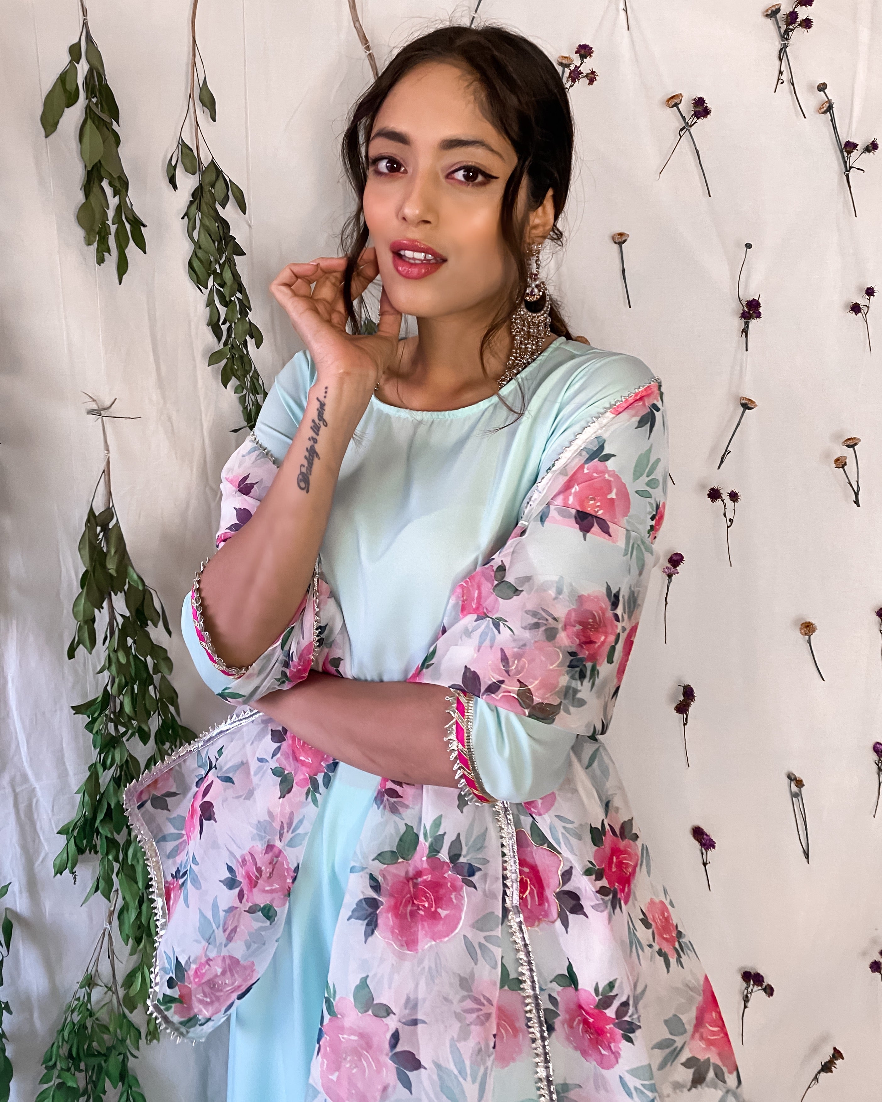 Ocean Blue Suit Set With Floral Dupatta