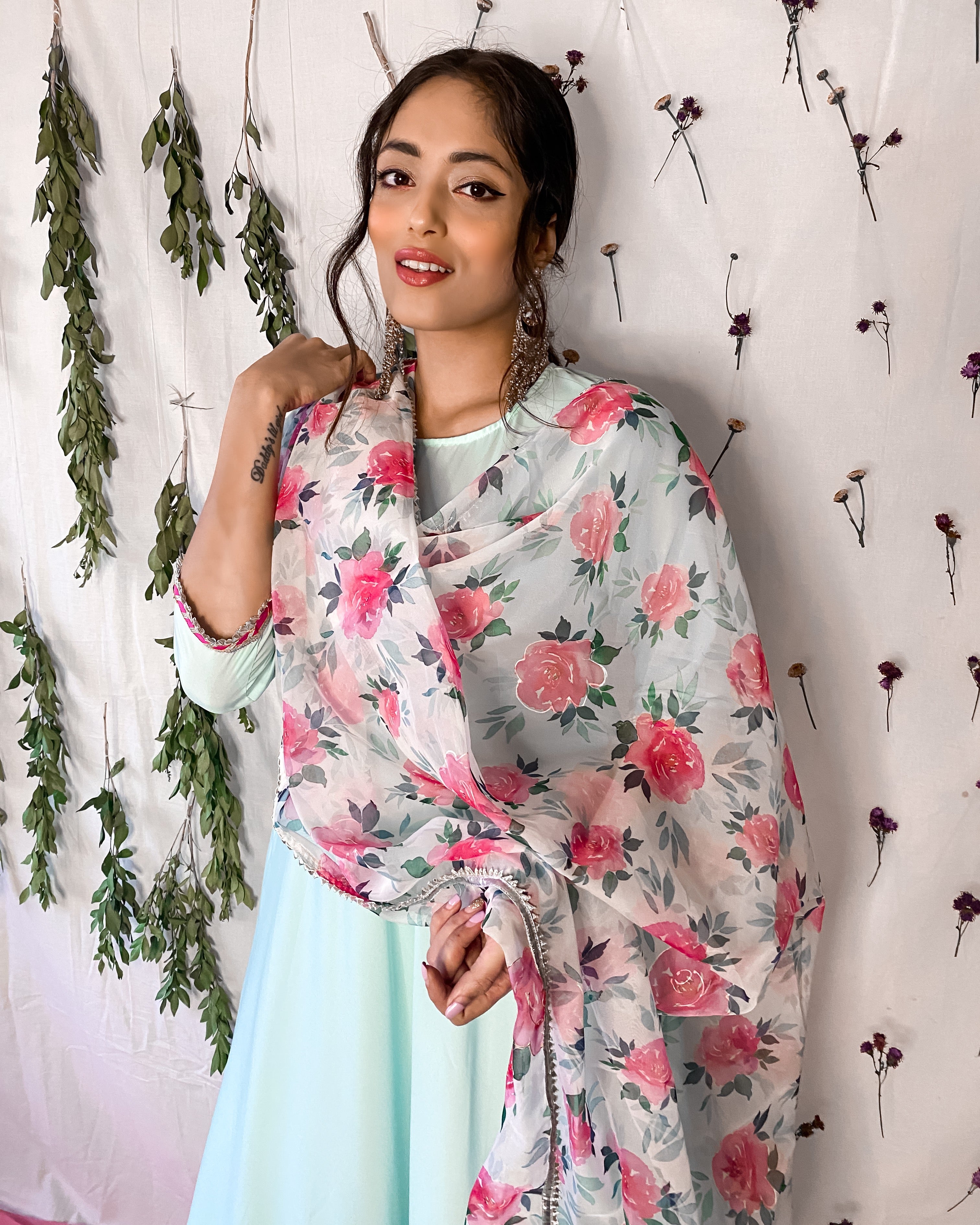 Ocean Blue Suit Set With Floral Dupatta