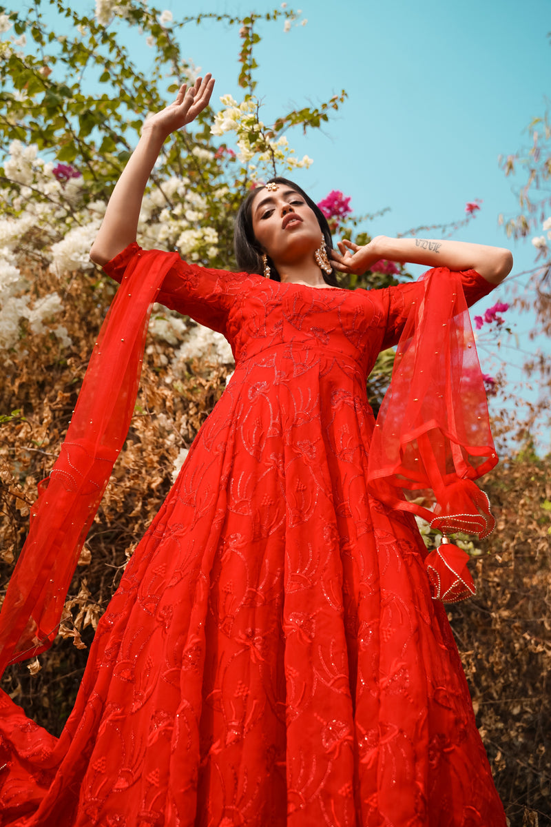 Classic Red Embroidered Anarkali Set