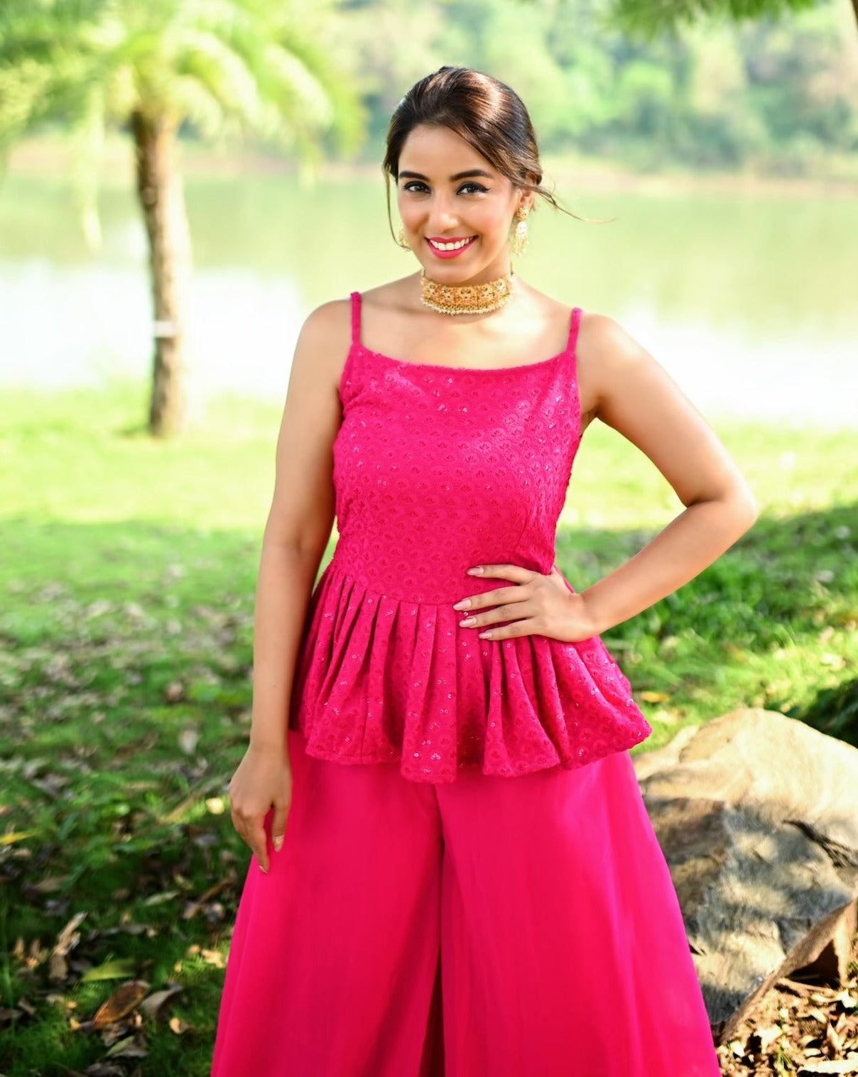 Maharani Pink Chikankari Fusion Set