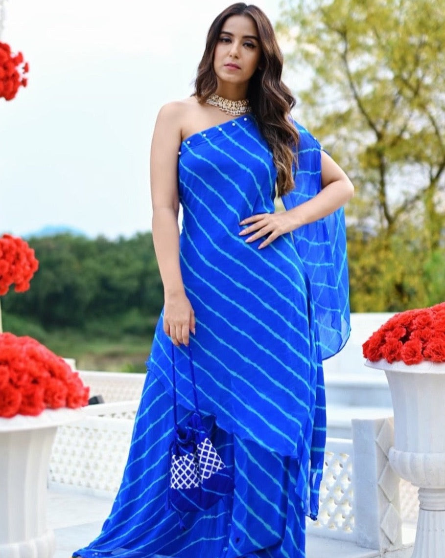 Embellished blue one shoulder womens kurta Set