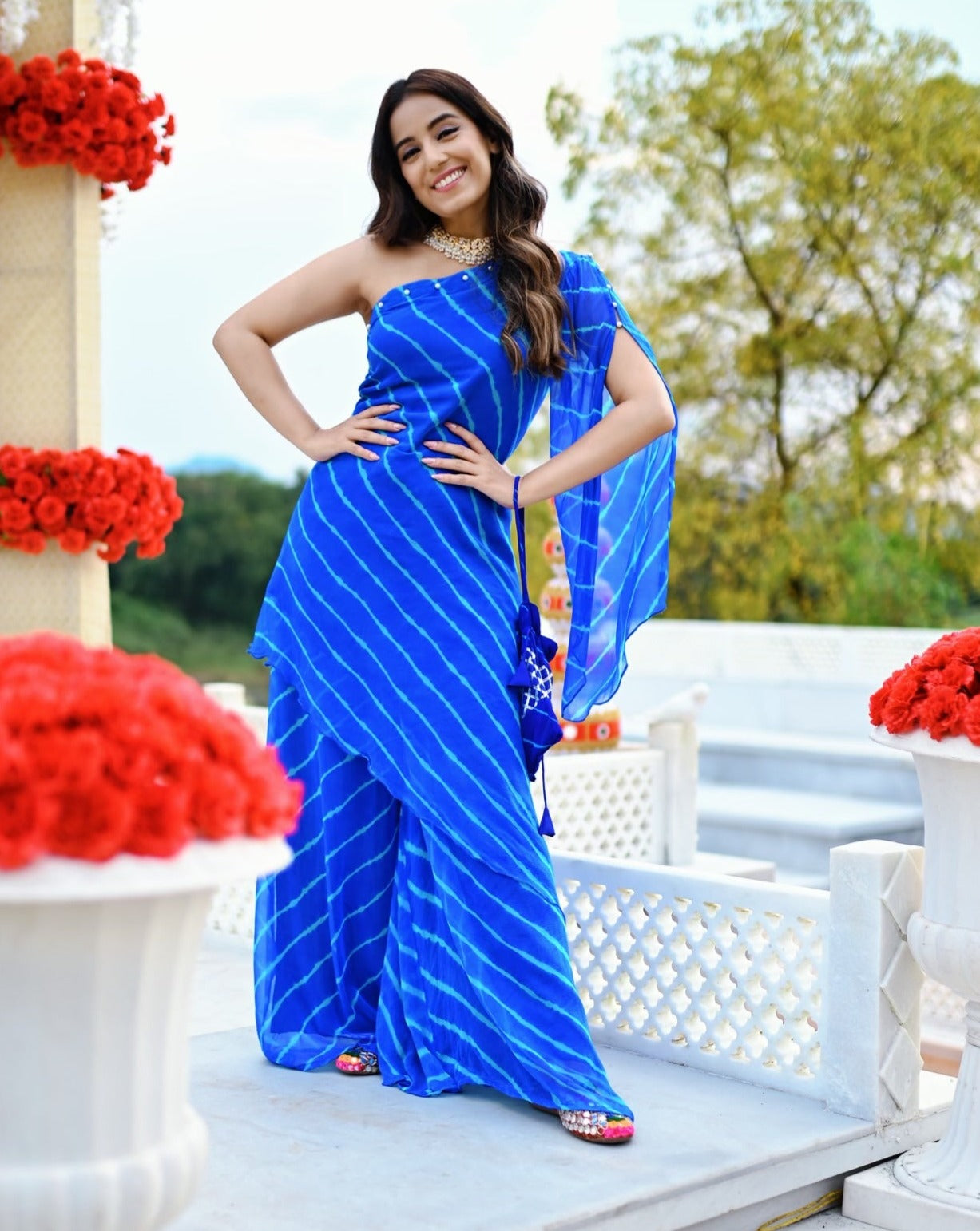 Embellished blue one shoulder womens kurta Set