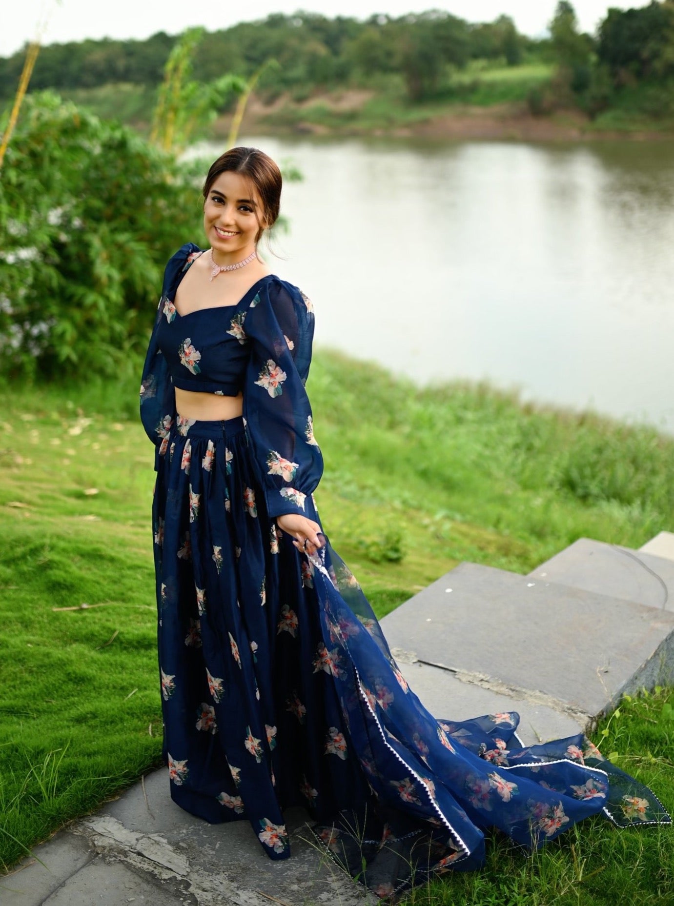 Shiny Blue Organza Blue Lehenga Set