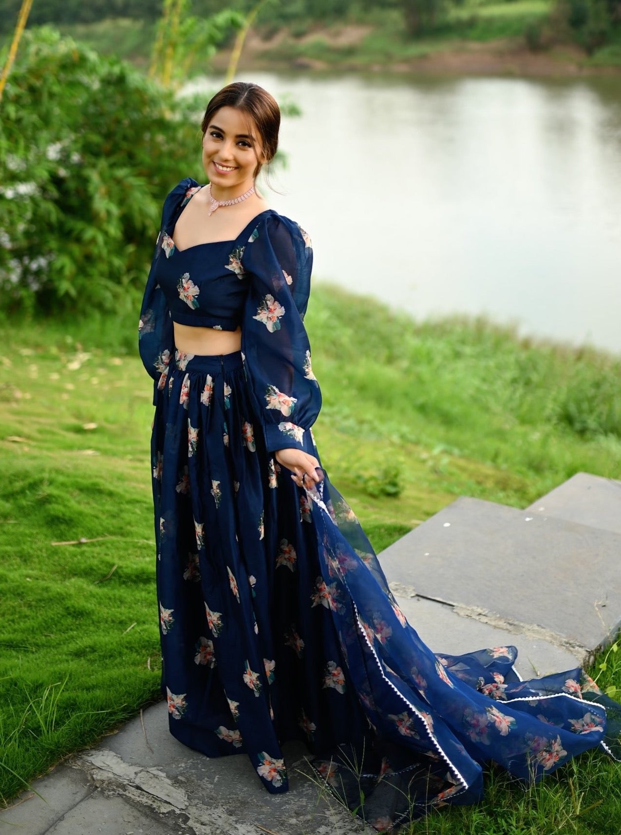 Shiny Blue Organza Blue Lehenga Set