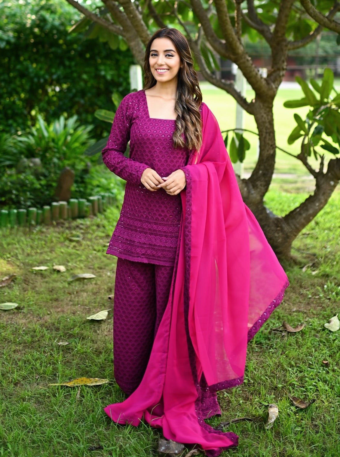 Wine Chikankari Suit Set