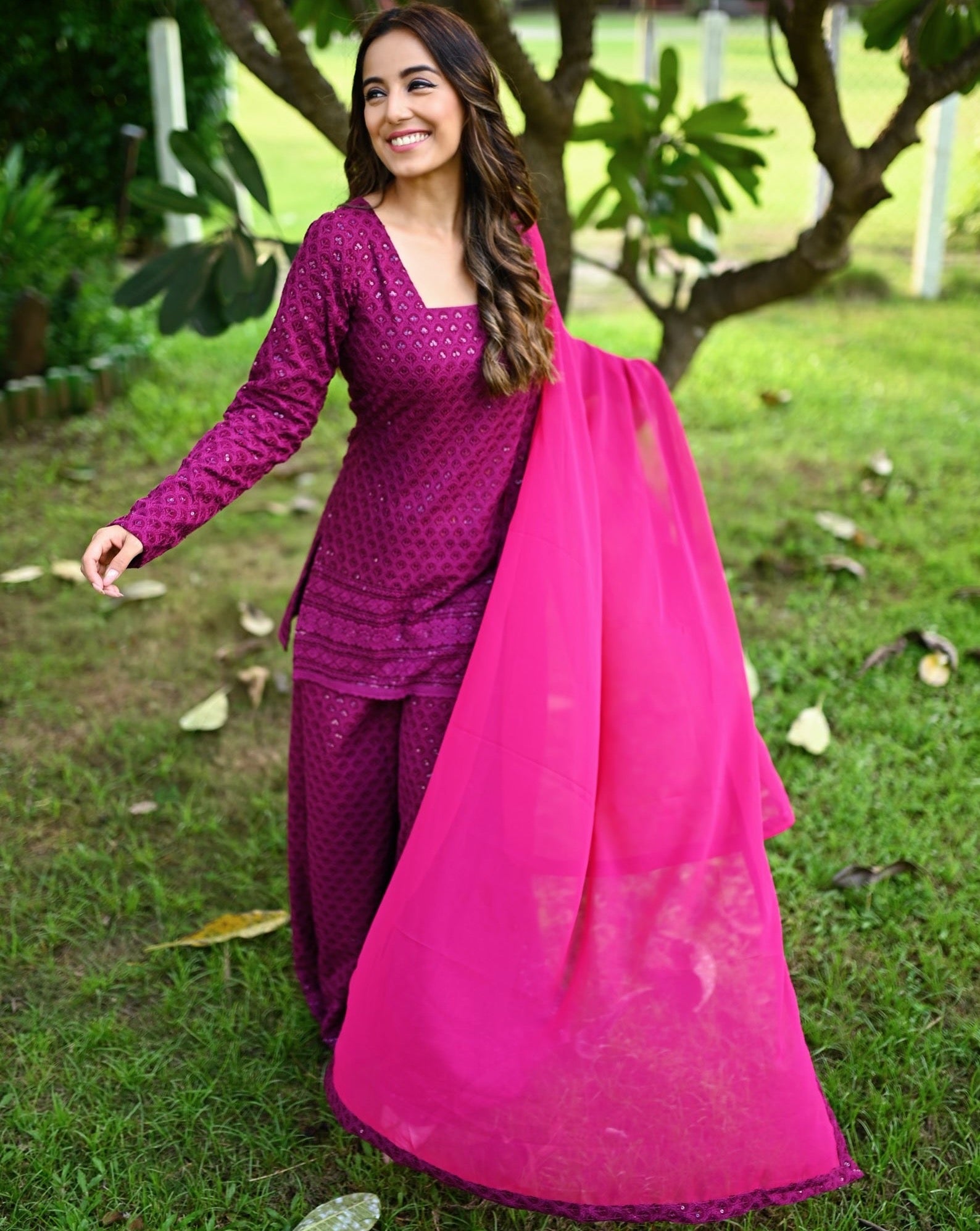 Wine Chikankari Suit Set