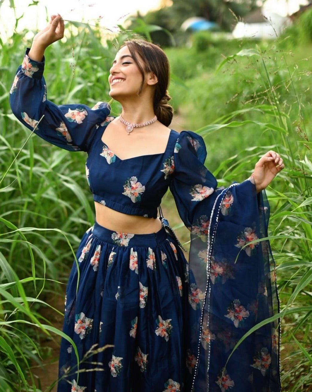 Shiny Blue Organza Blue Lehenga Set