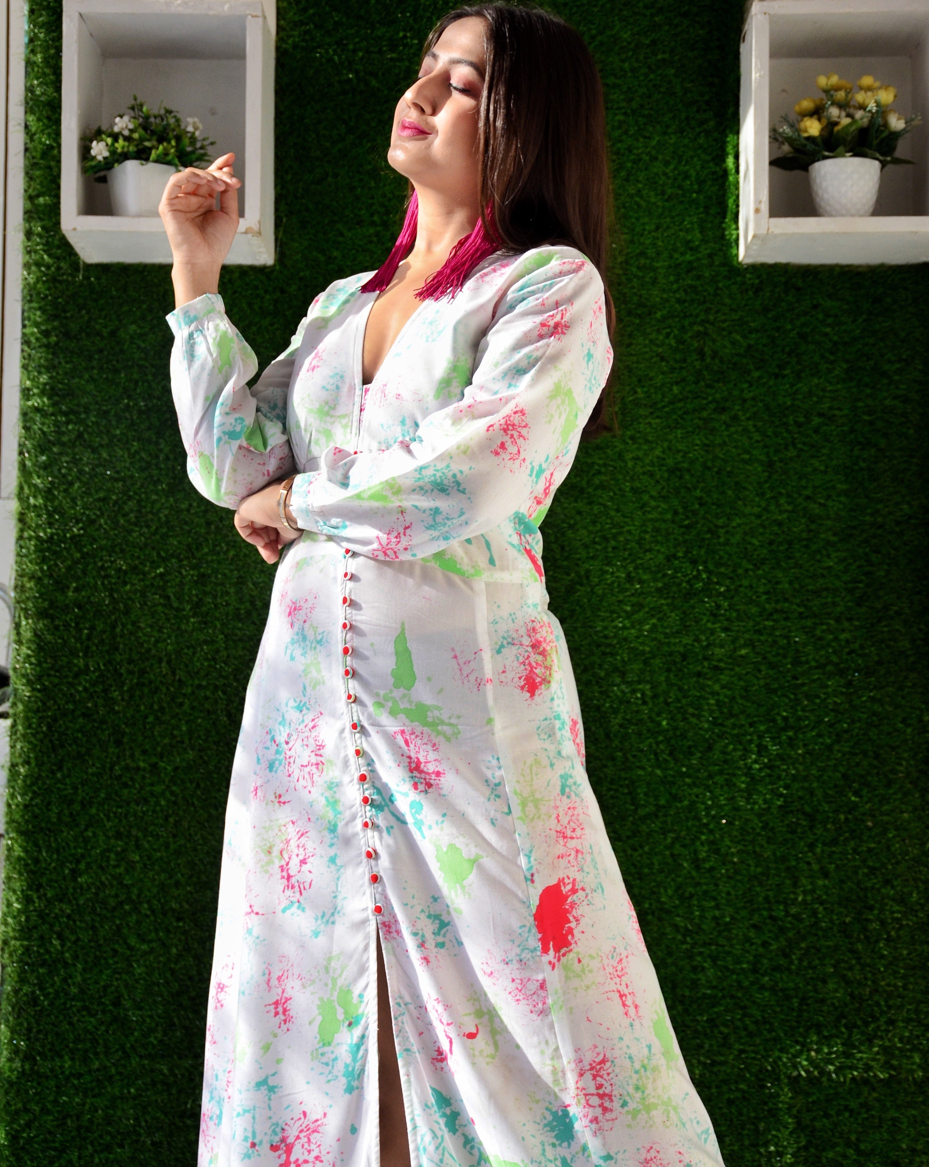 White Rosy Multi Coloured Dress