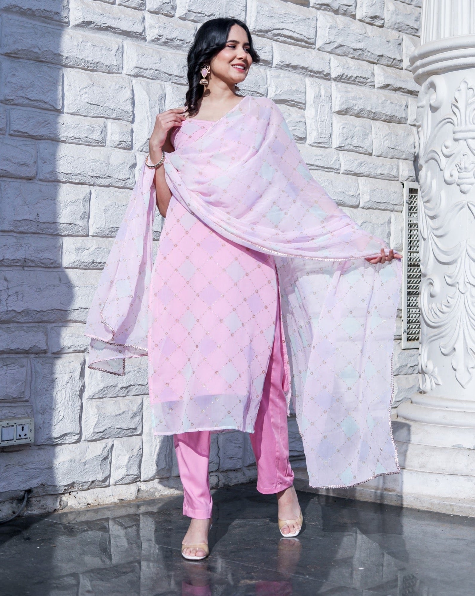 White and best sale pink combination suit