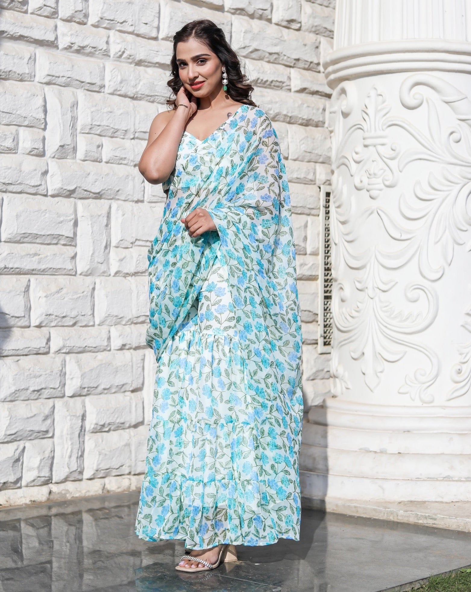 Flora Blue Printed Ruffle Saree