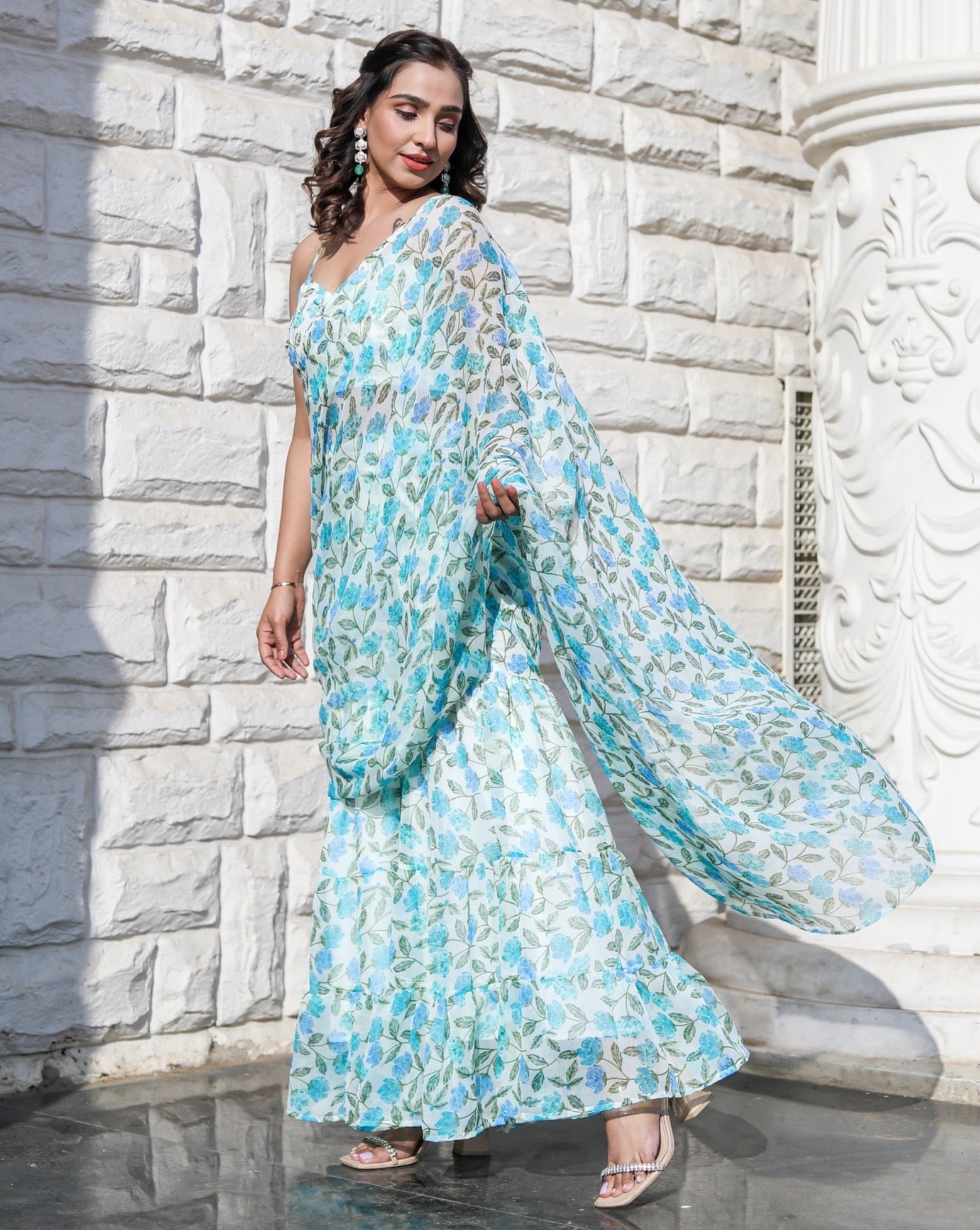 Flora Blue Printed Ruffle Saree