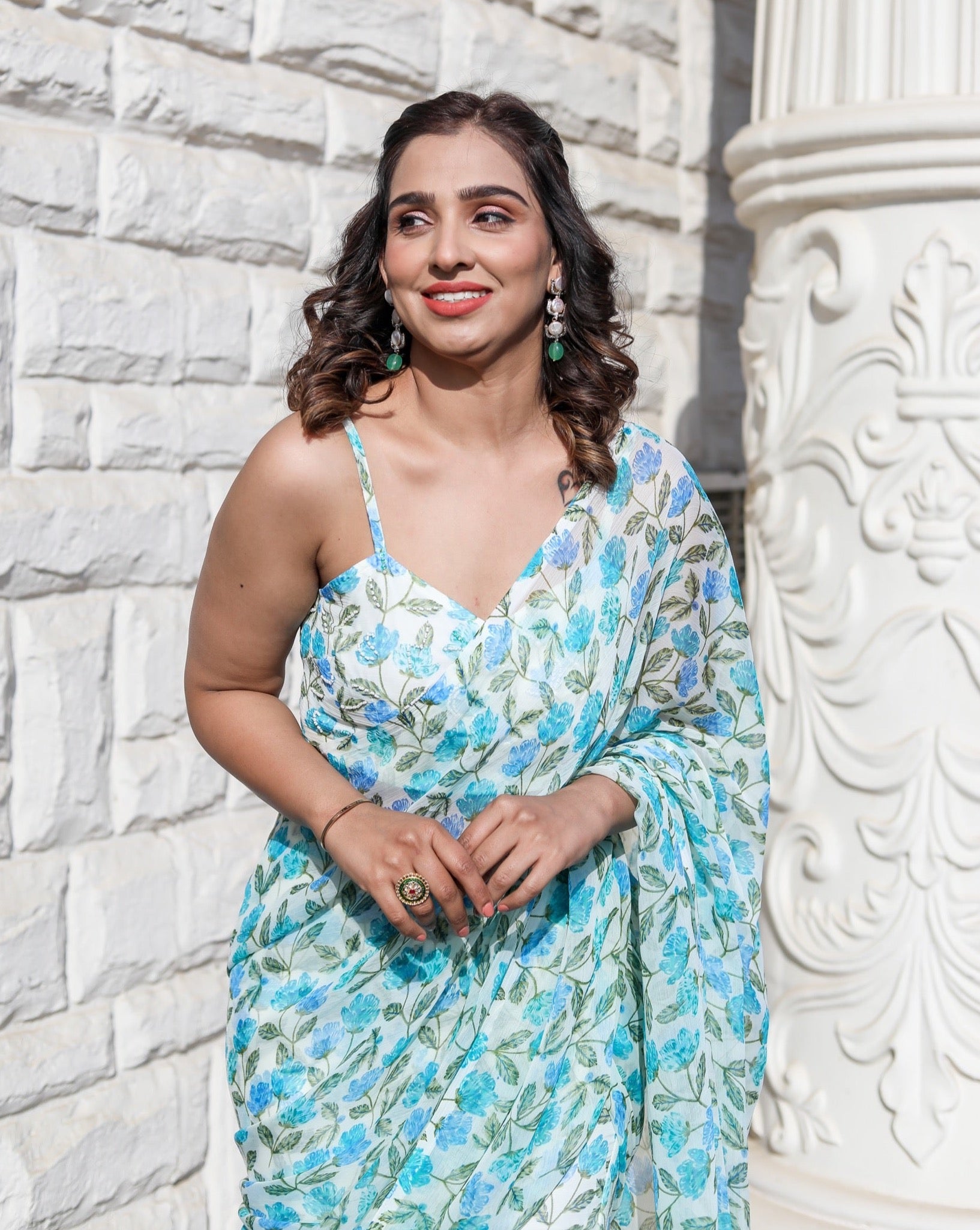 Flora Blue Printed Ruffle Saree