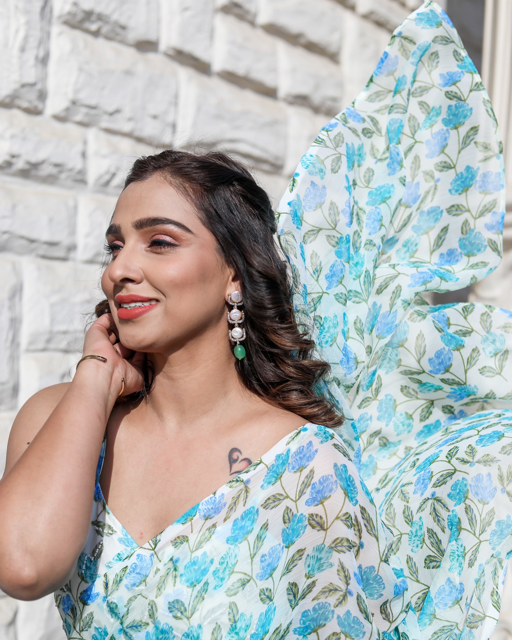 Flora Blue Printed Ruffle Saree