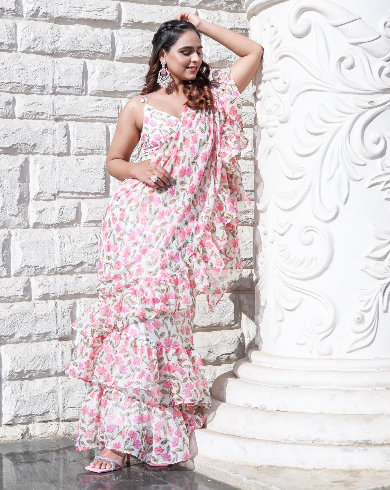 Flora Pink Printed Ruffle Saree