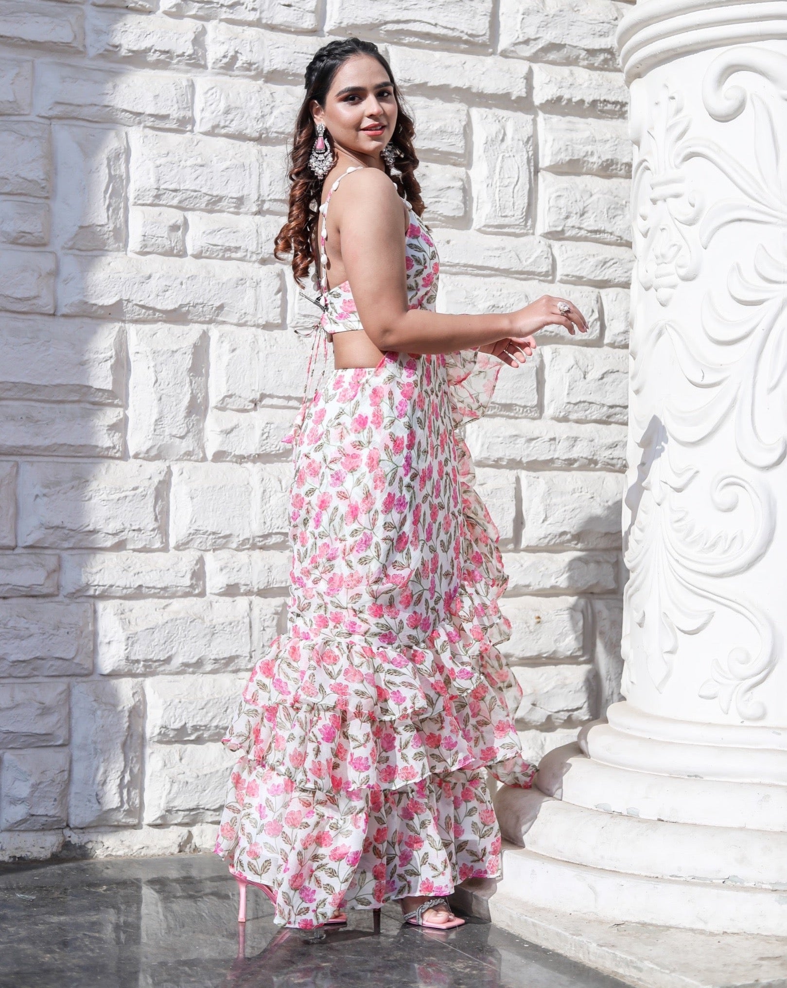 Flora Pink Printed Ruffle Saree