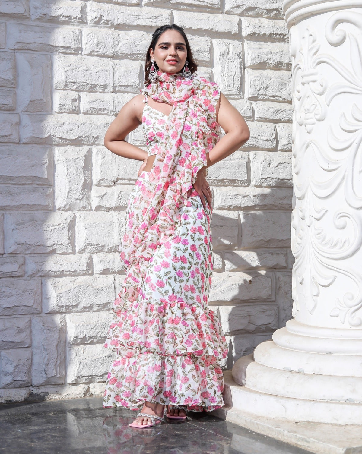 Flora Pink Printed Ruffle Saree