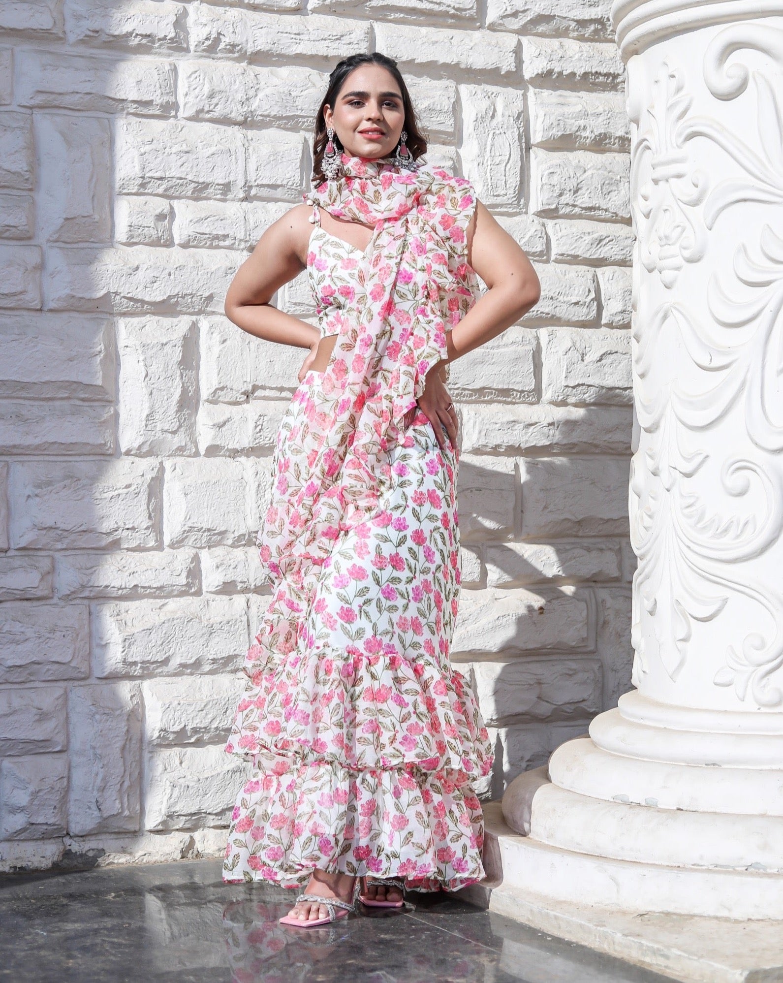 Flora Pink Printed Ruffle Saree