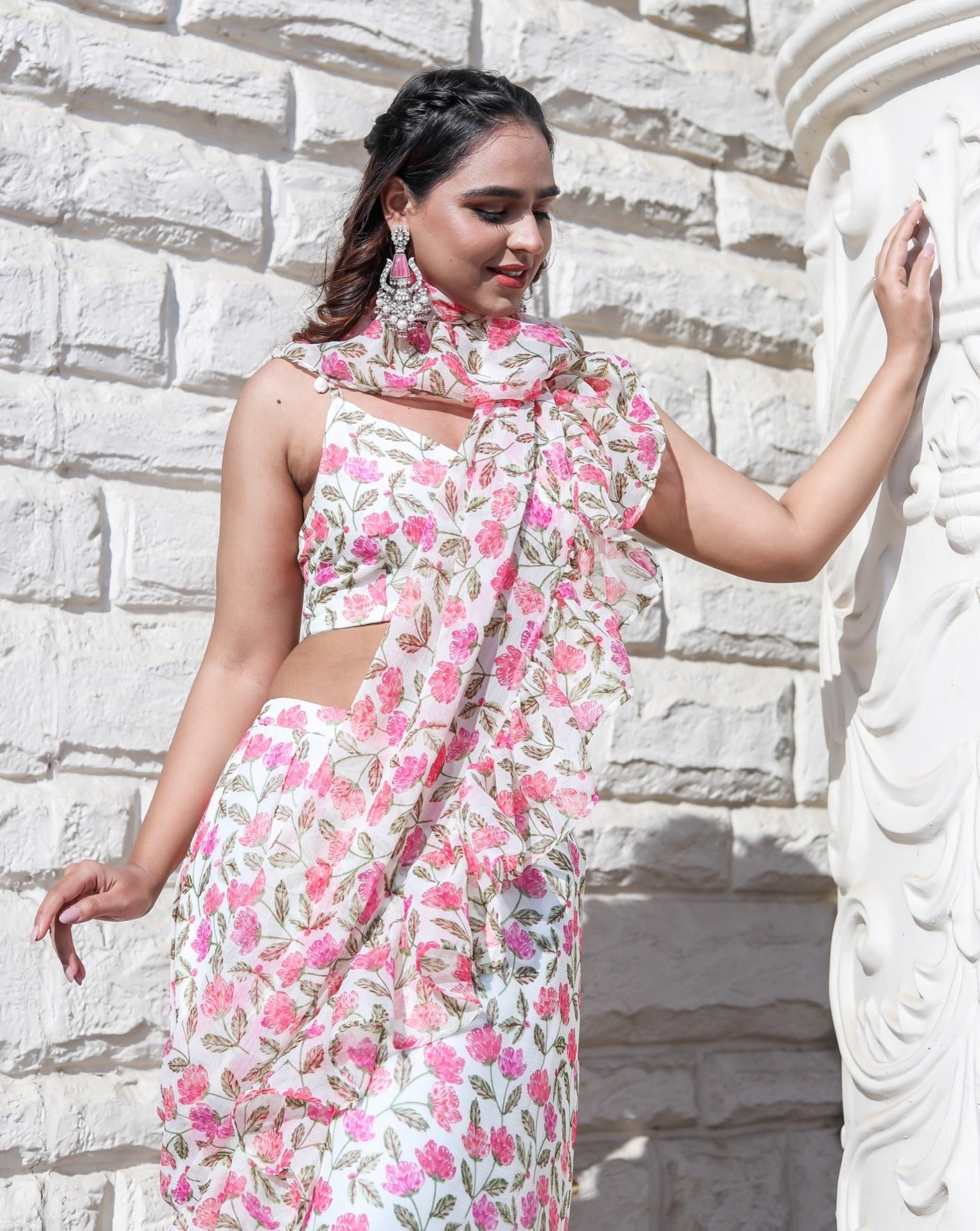 Flora Pink Printed Ruffle Saree