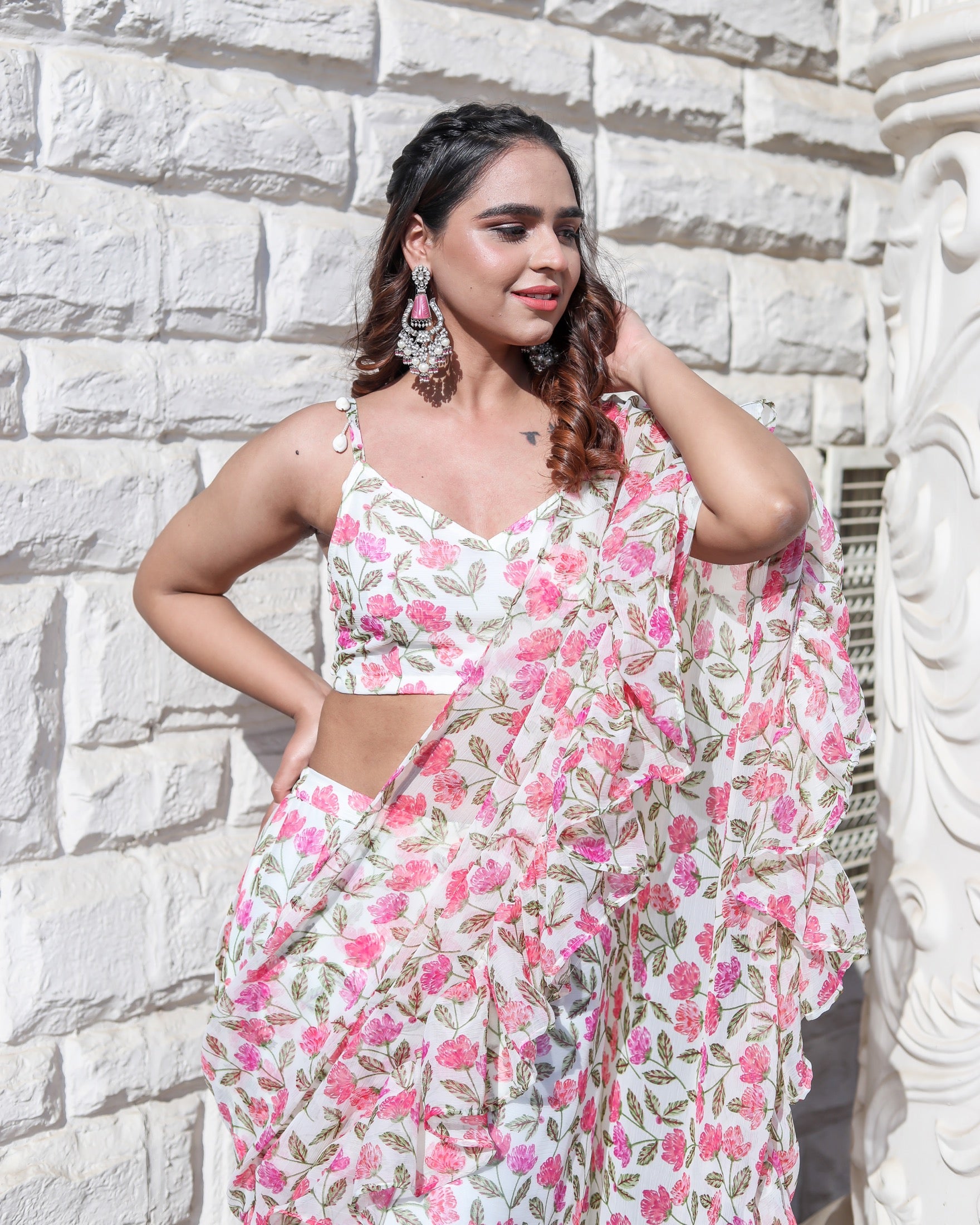 Flora Pink Printed Ruffle Saree