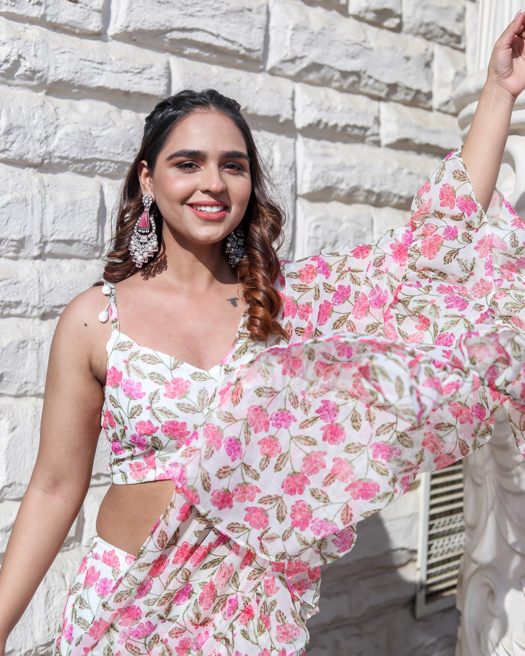 Flora Pink Printed Ruffle Saree